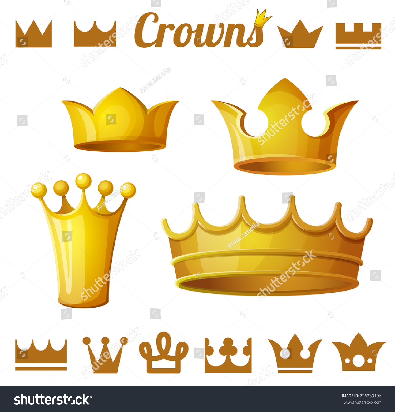 Set 2 Of Royal Gold Crowns Isolated On White. Vector Illustration