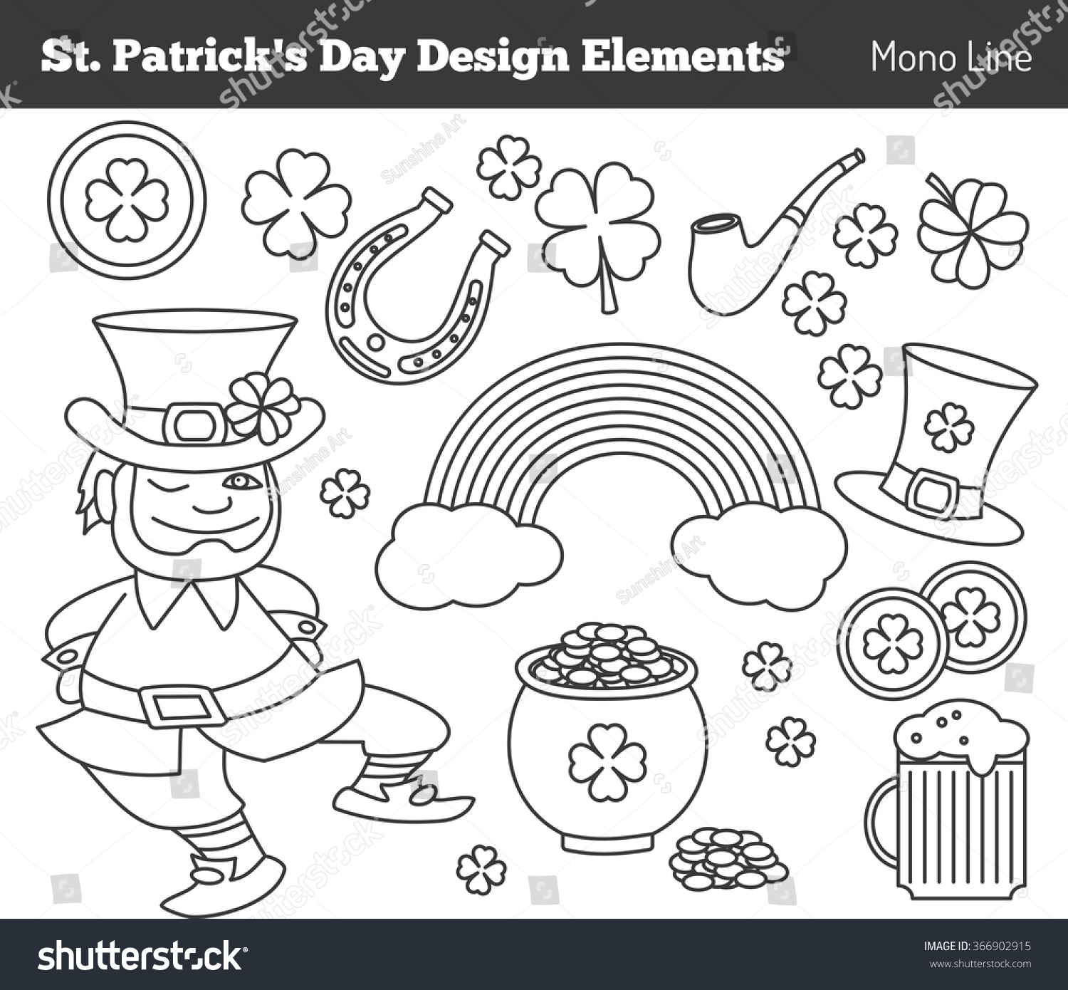 Set Of Saint Patricks Day Design Elements In Modern Mono Line Style