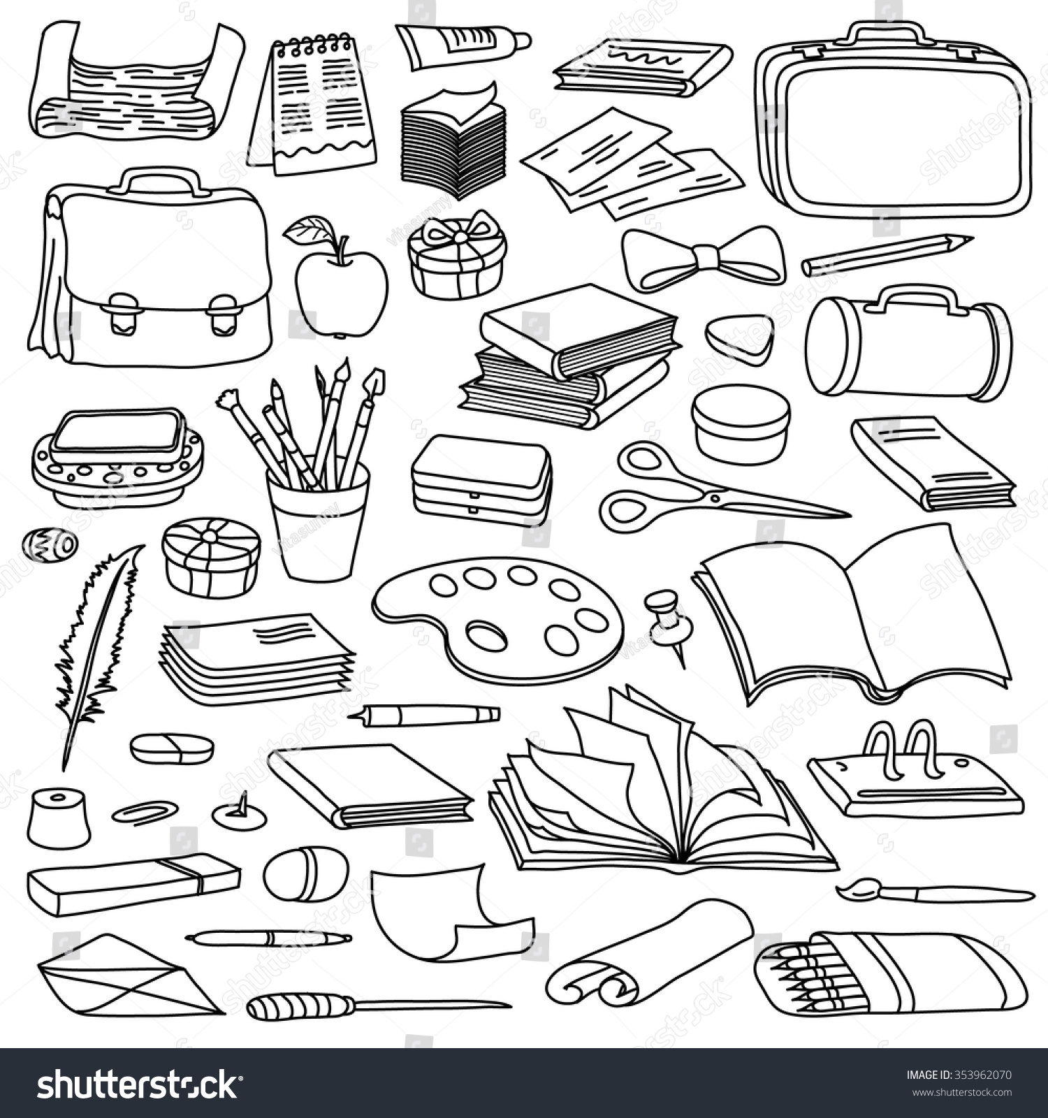 Set Of School Supplies Line Art Vector Illustration 353962070