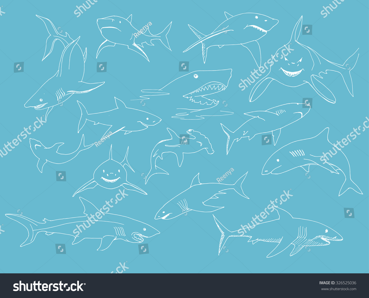 Set Of Sharks Hand Drawn Stock Vector Illustration 326525036 Shutterstock