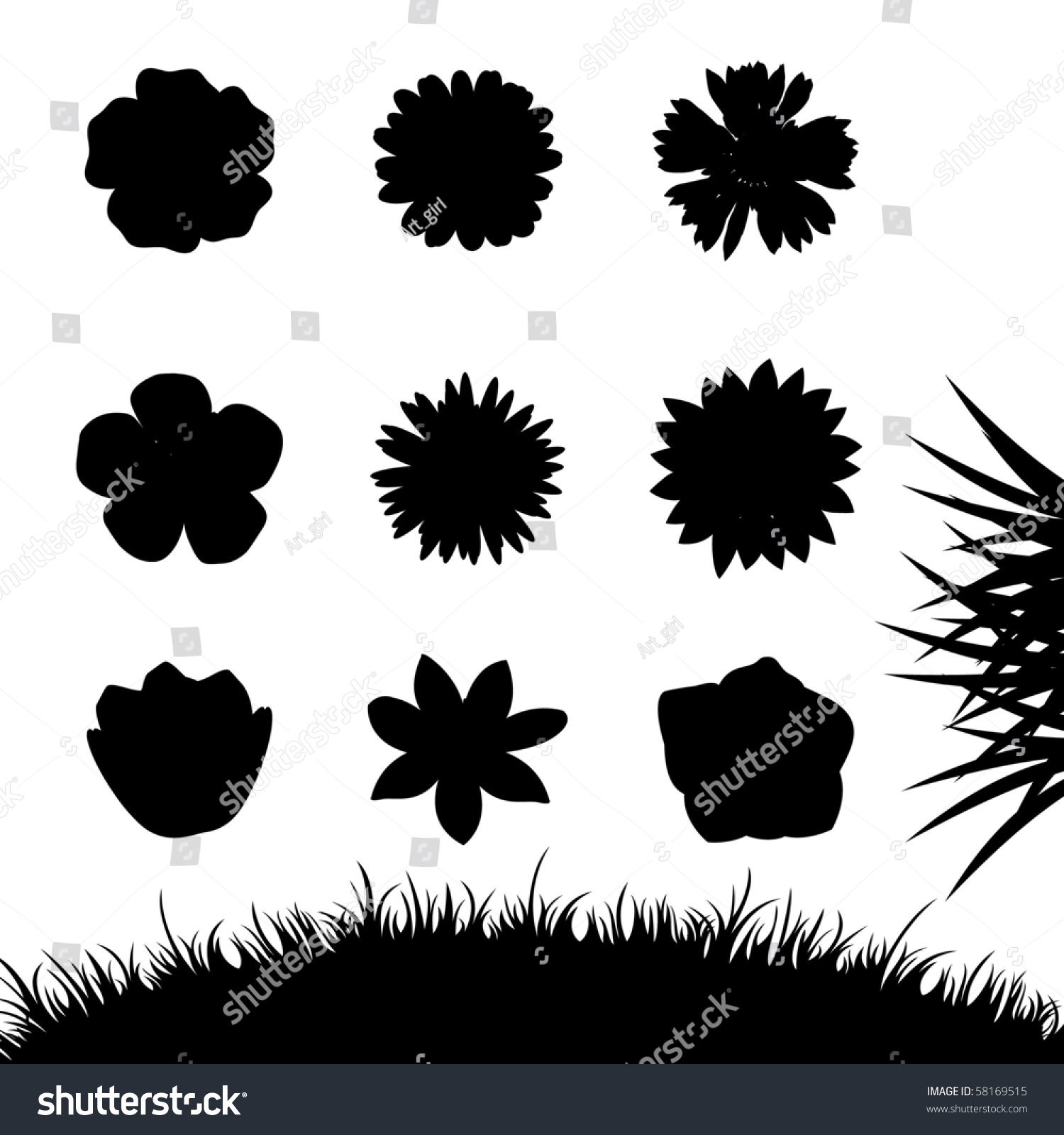 Set Of Silhouettes Flowers Isolated On White. Vector Illustrations