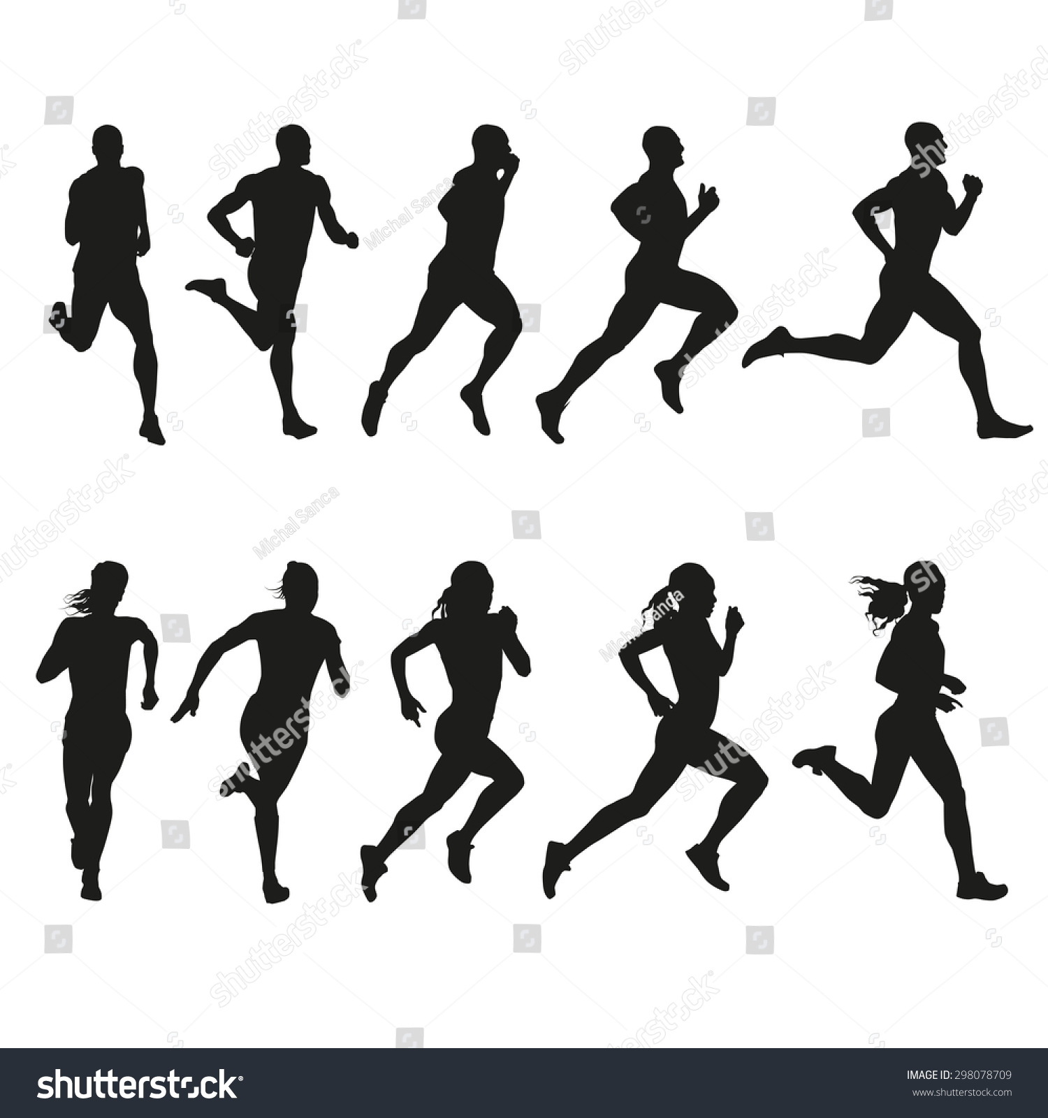 Set Of Silhouettes Of Running Men And Women. Vector, Run - 298078709