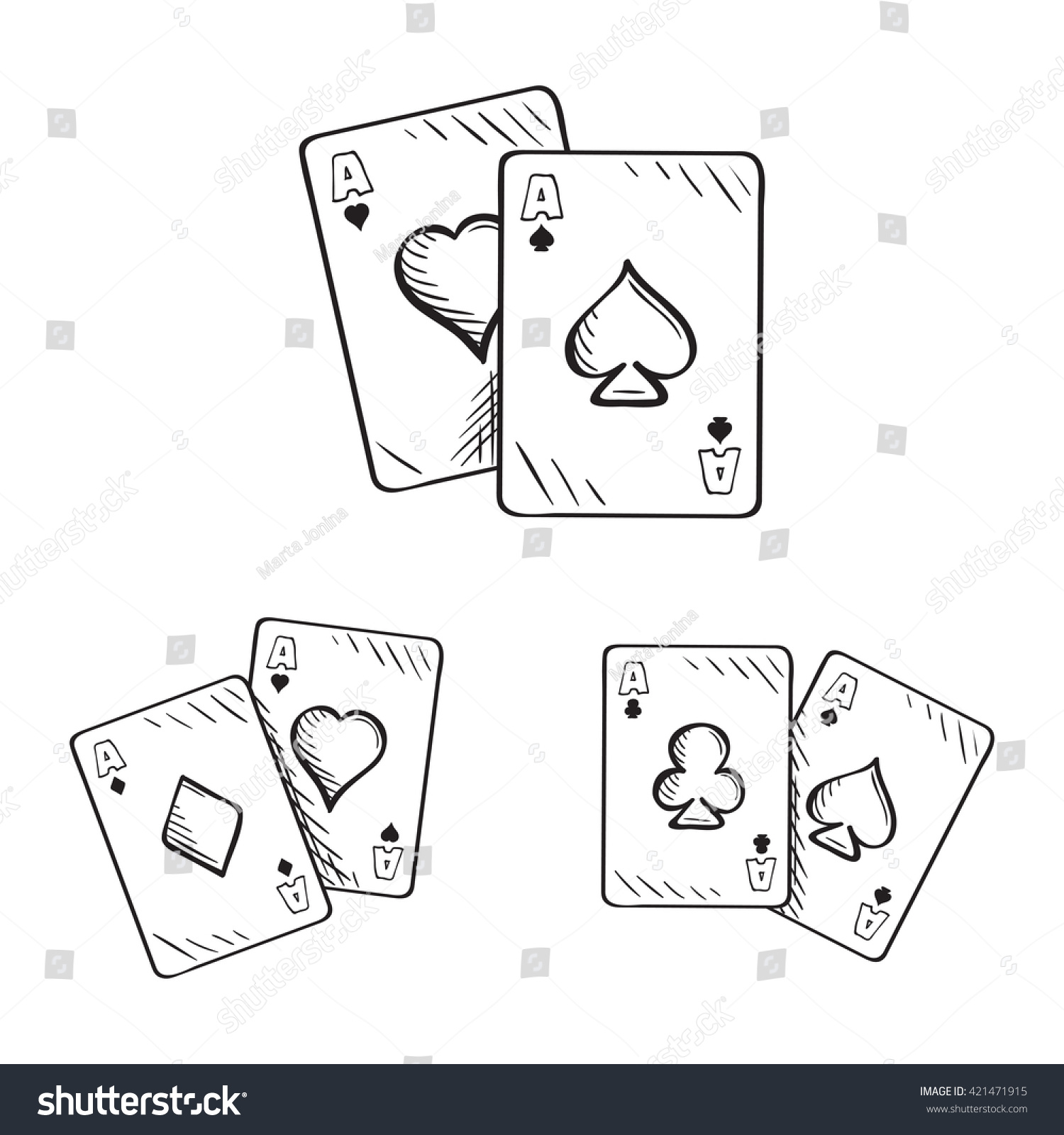 Set Of Sketch Playing Cards, Aces In Different Combinations. Hand Drawn