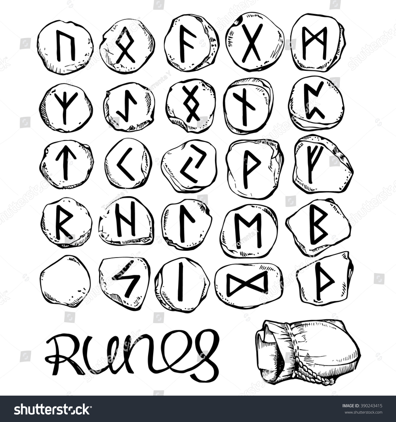 Set Of Stone Runes. Hand Drawn Vector Illustration. 390243415