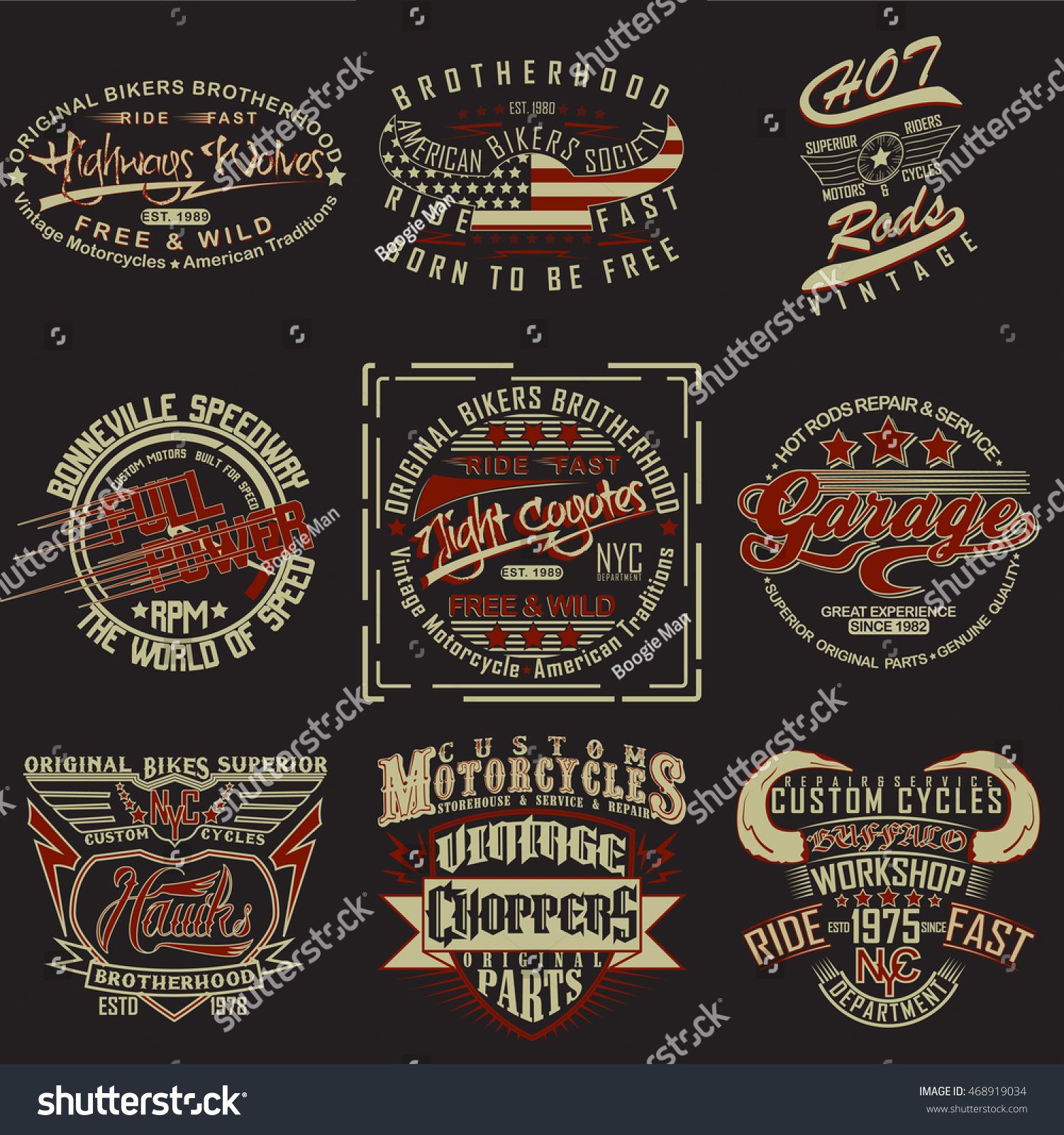 set of t-shirt graphic designs vintage print stamps typography emblems of garage or brotherhoods bikers Creative design Vector set of t-shirt graphic designs vintage print stamps typography emblems of garage or brotherhoods bikers Creative design Vector