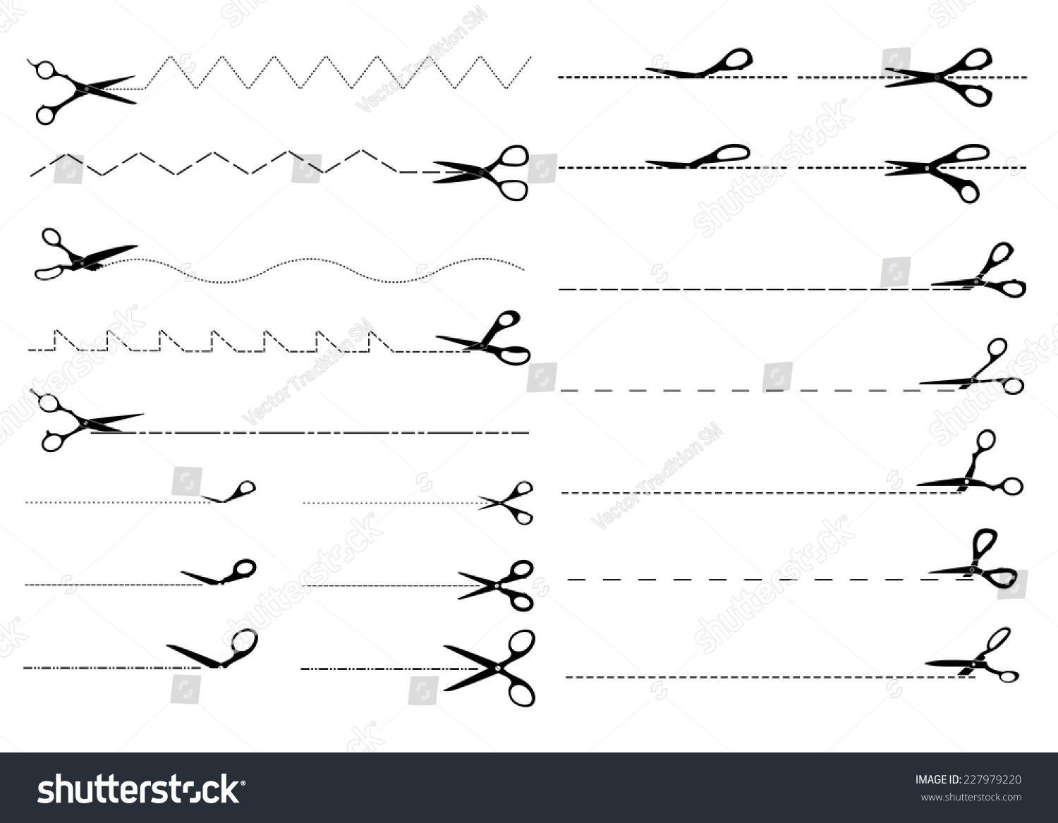 Set Of Templates With Scissors Cutting Paper Along Dotted, Zigzag Or
