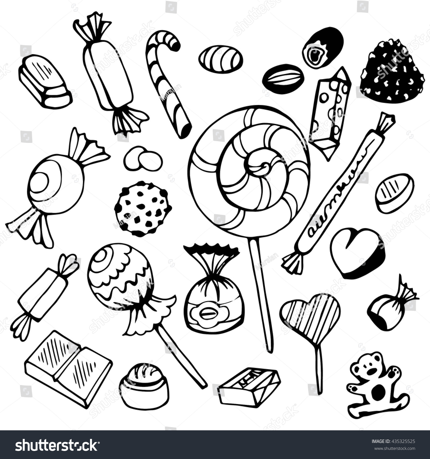 Set Of Various Doodles, Hand Drawn Rough Simple Sweets And Candies Sketches. Vector Illustration