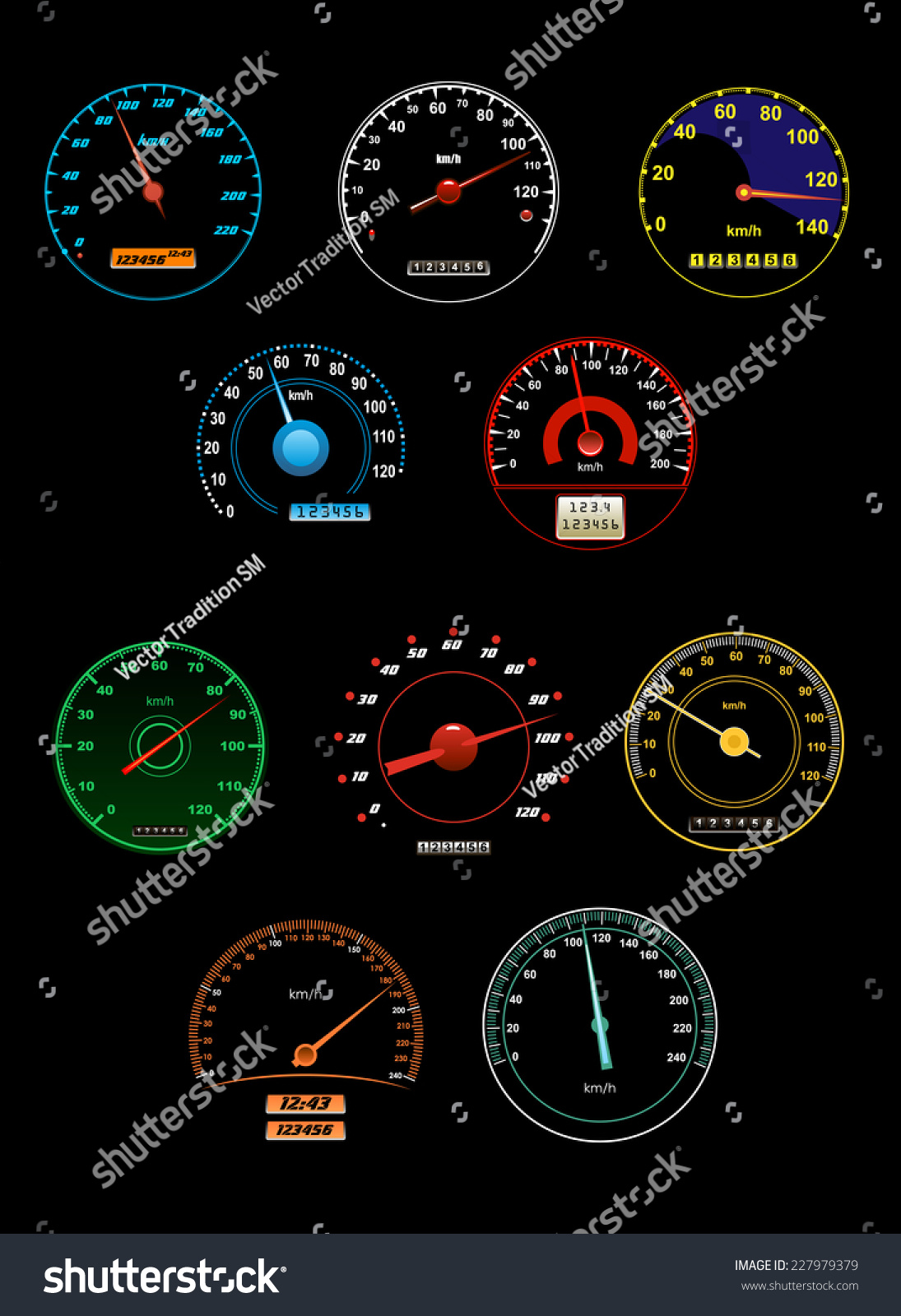 Set Of Various Speedometers With Dials And Gauges With Needle Pointers And Numbered Scales