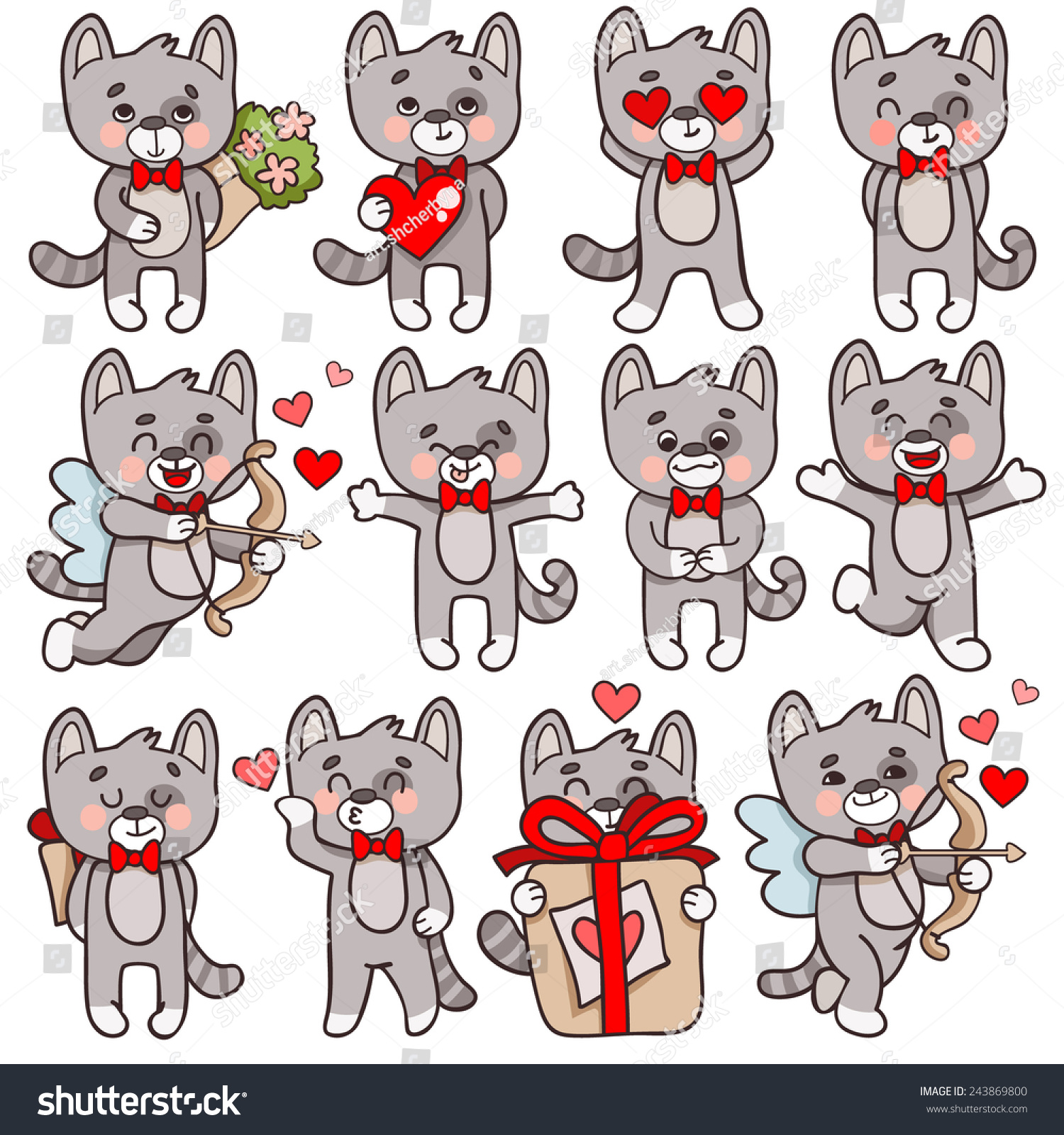 Set Of Vector Cartoon Characters Cats In Love Theme Cupid