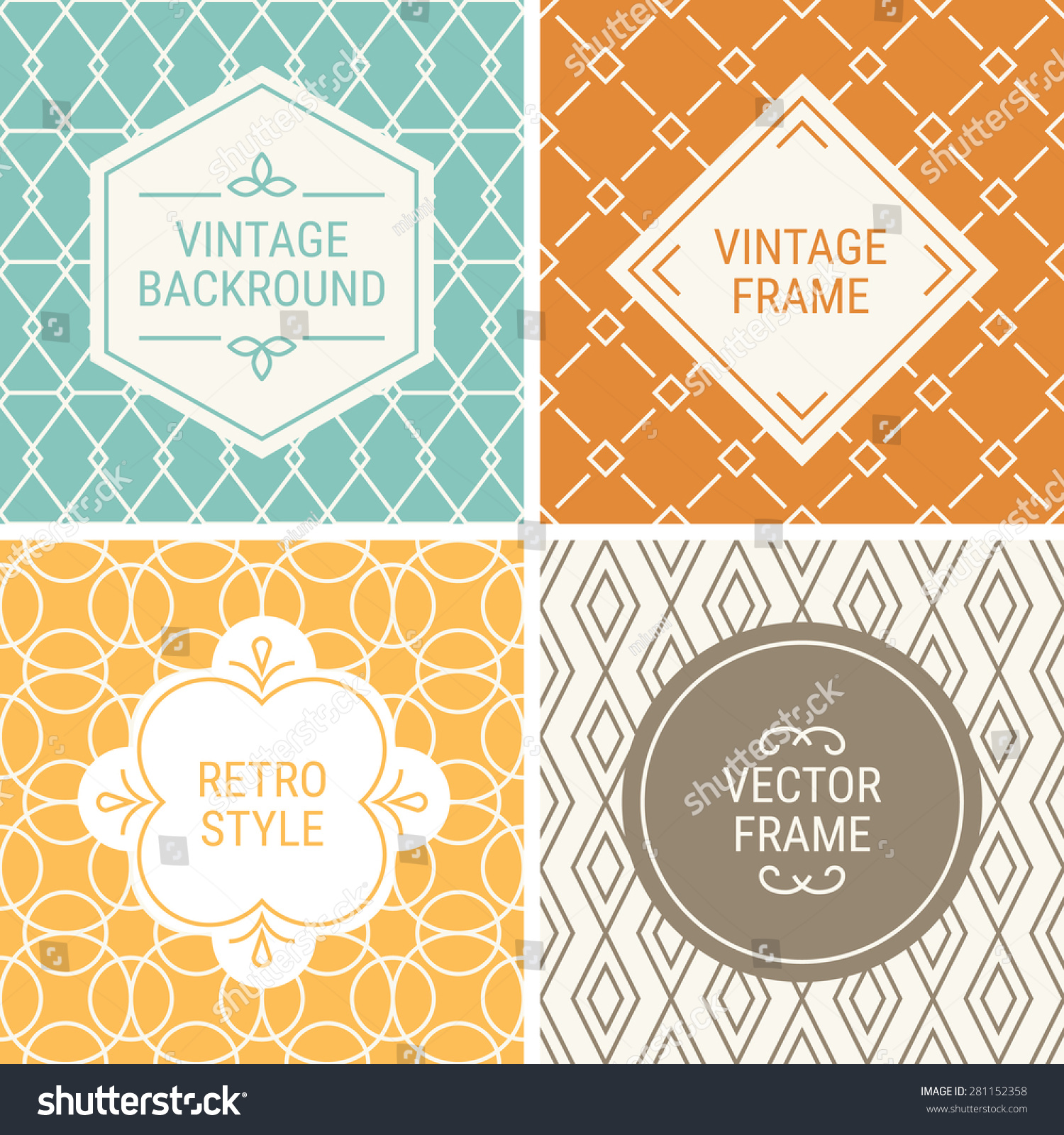 Set of vintage frames in Blue Orange Yellow Brown and Beige on mono line seamless background Perfect for greeting cards wedding invitations retro parties Vector labels and badges Set of vintage frames in Blue Orange Yellow Brown and Beige on mono line seamless background Perfect for greeting cards wedding invitations retro parties Vector labels and badges