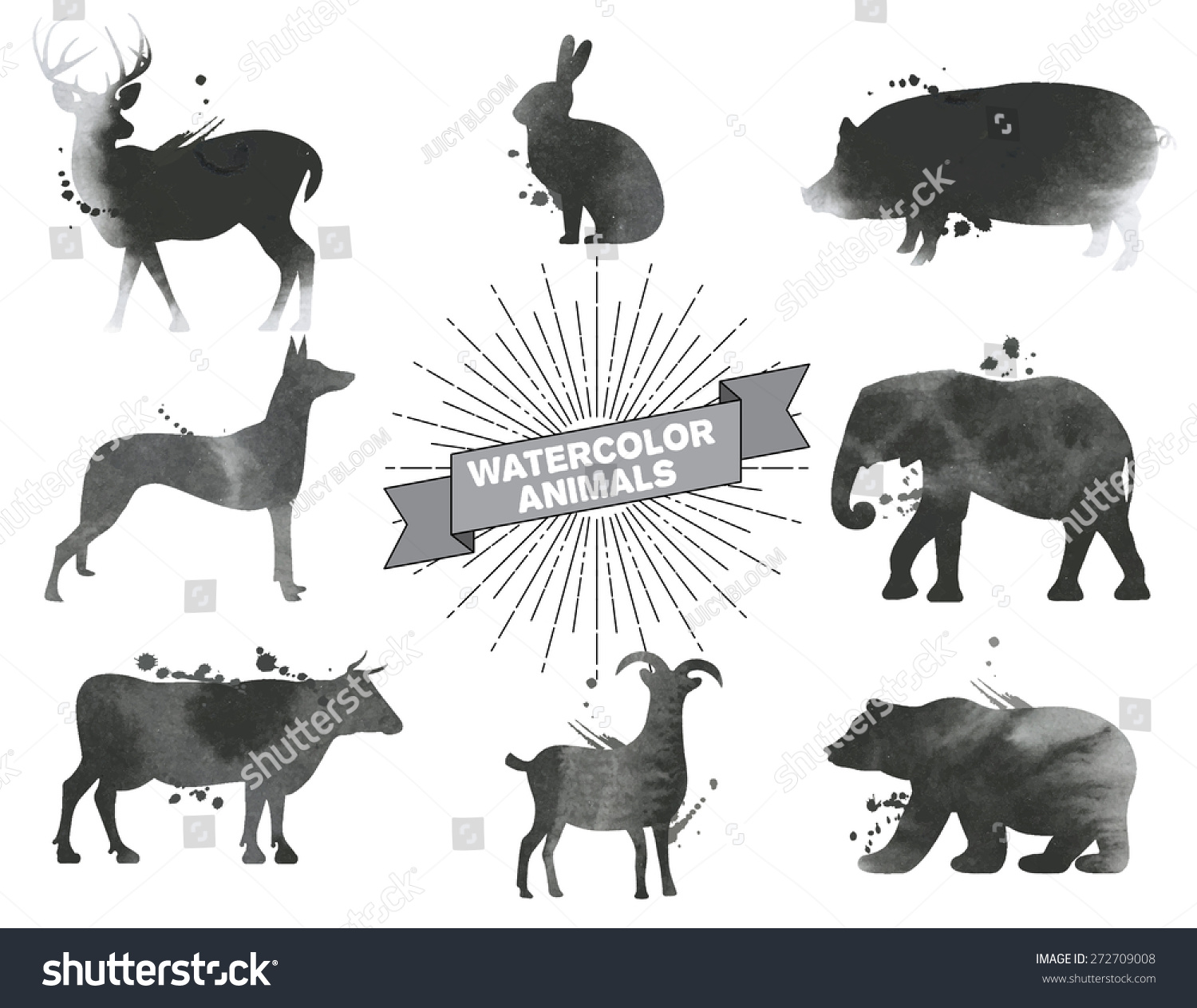 Set Of Watercolor Animals.Black And White Vector Illustration