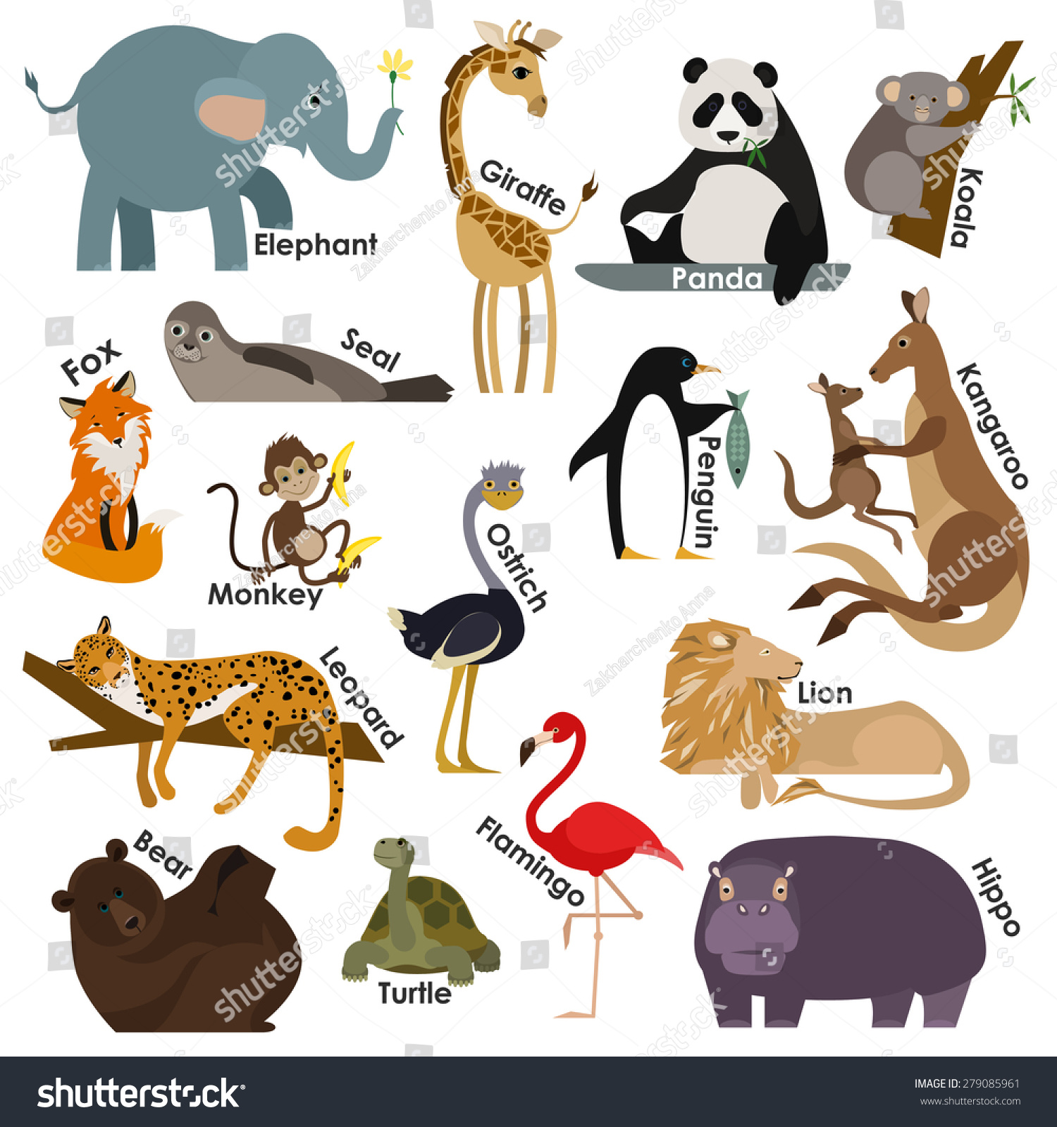 Set of zoo cartoon animals Flat style design icons set Vector illustration Set of zoo cartoon animals Flat style design icons set Vector illustration