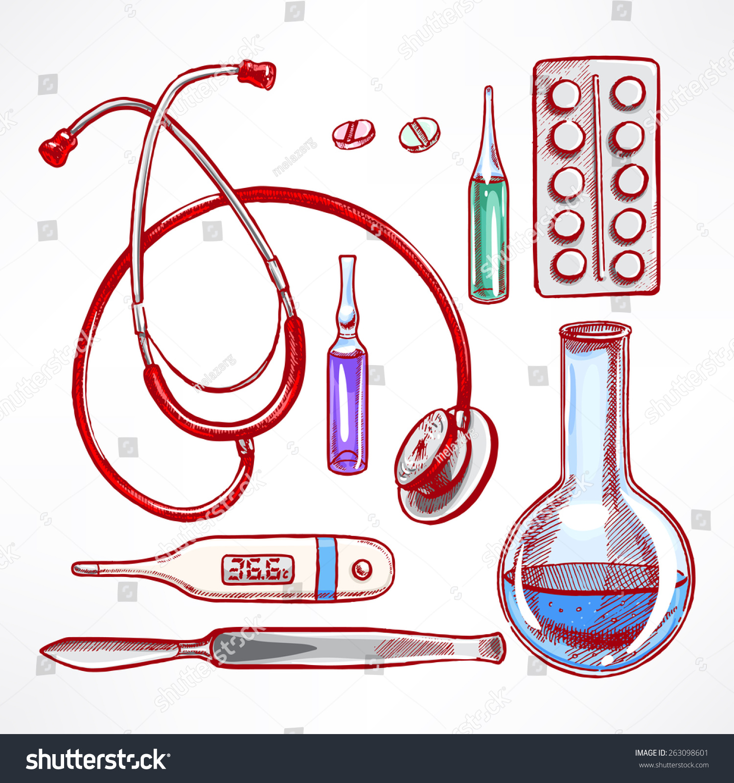 Set With Sketch Medical Supplies. Scalpel, Stethoscope, Bulb. Hand