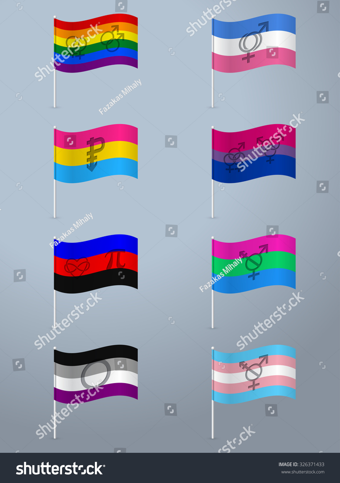 Sexual Orientation Waving Flag Set With Symbols Stock Vector