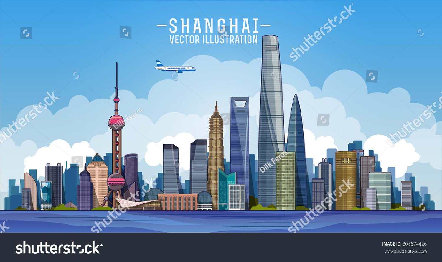 Shanghai Skyline. Vector Line Illustration - 306674426 : Shutterstock