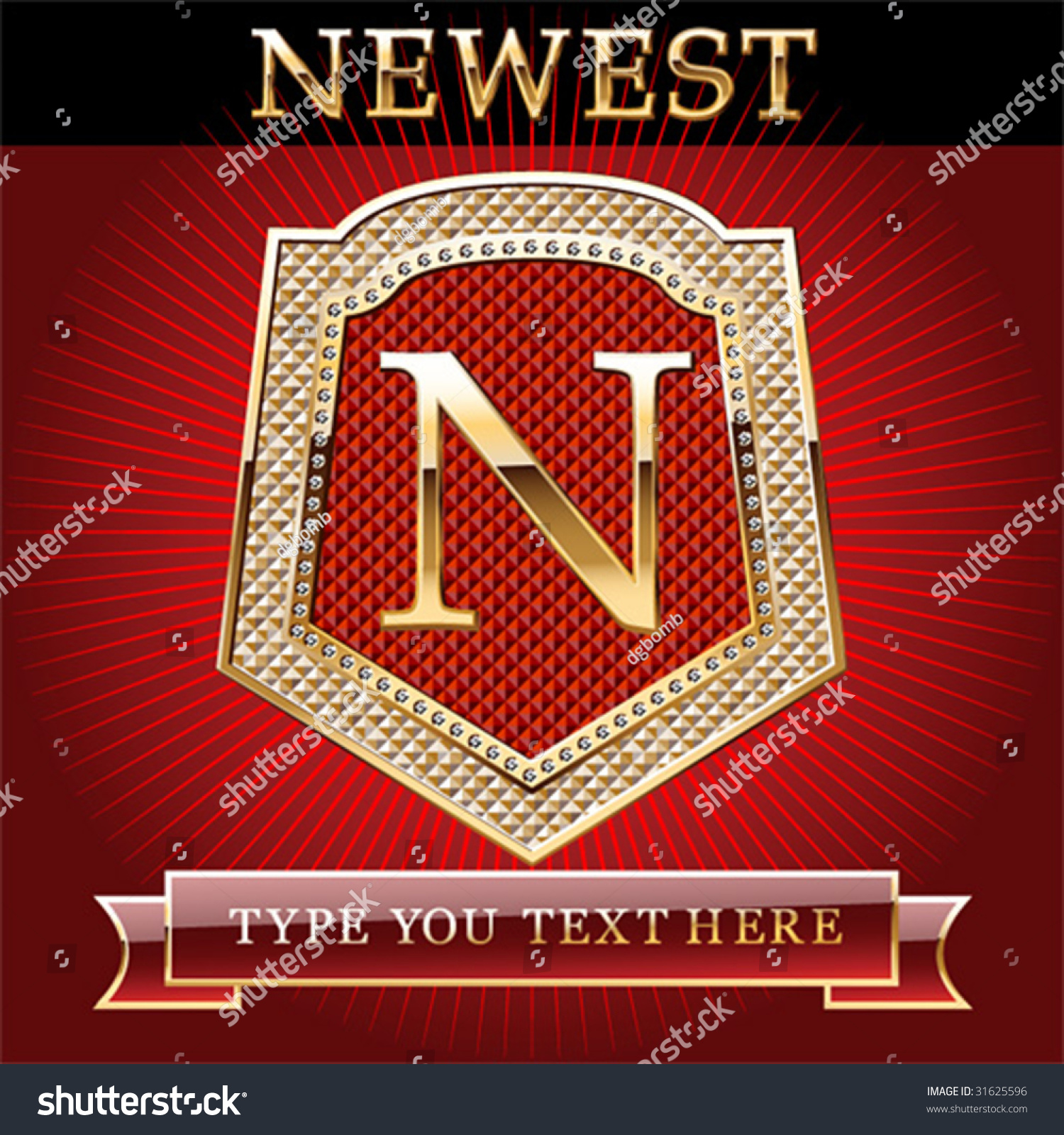 Shield In Gold And Brilliant With Alphabet Letter N Stock Vector