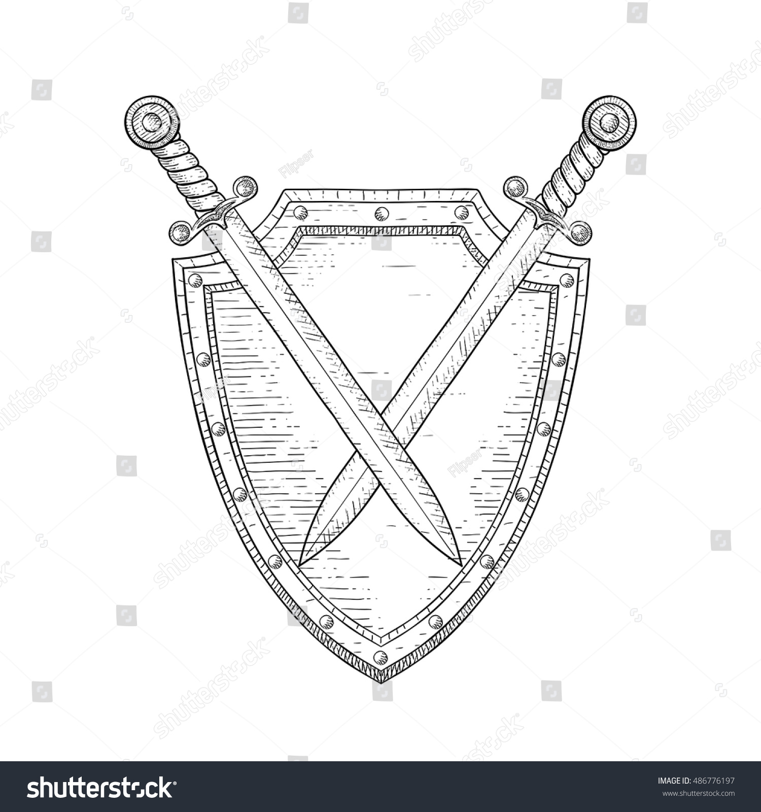 Shield With Swords Hand Drawn Sketch Vector Illustration Isolated On