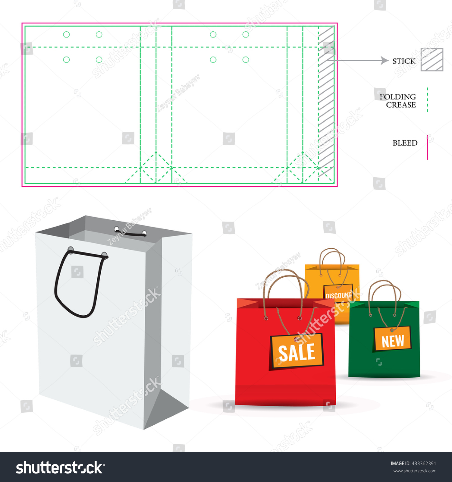 Shopping Paper Bag With Die Cut Layout Template Cut And Fold Lines Double Paper Protected Paper Bag Die Cut Template
