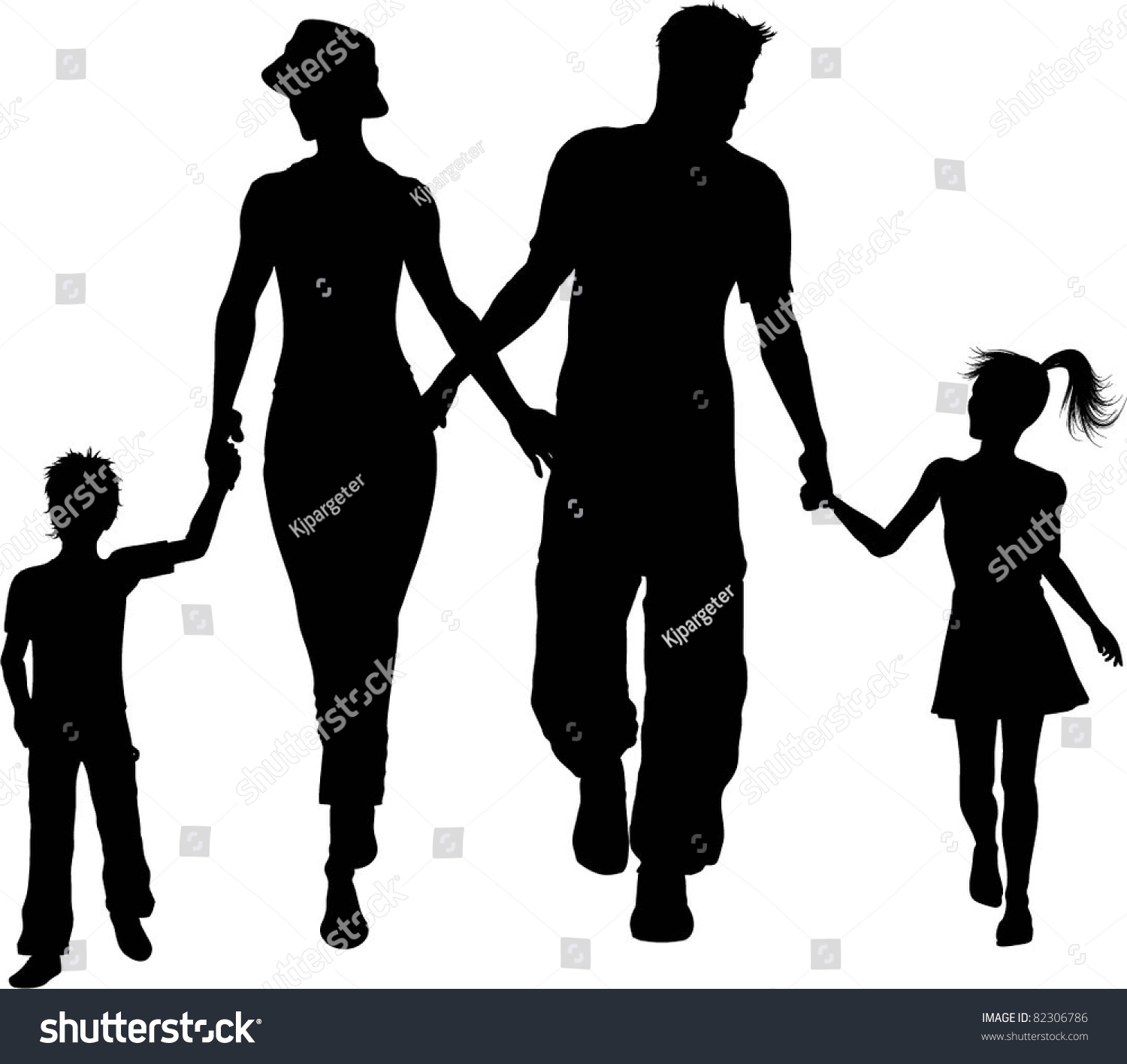Silhouette Of A Family Holding Hands And Walking Stock