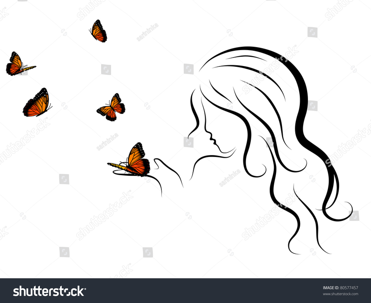 Silhouette Beauty Woman Blowing Butterflies Stock Vector 80577457