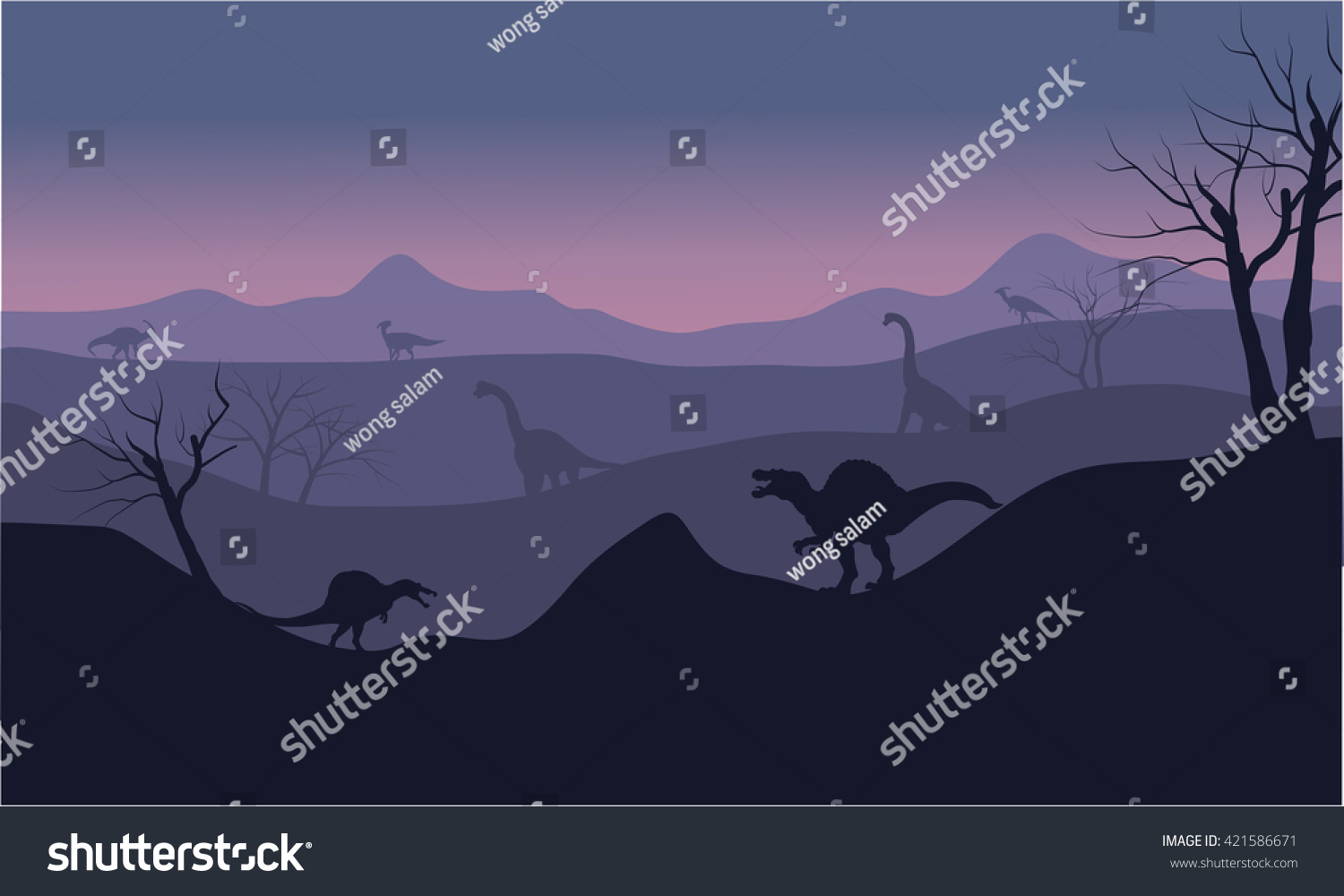 Silhouette Brachiosaurus Spinosaurus Sunset Vector De Stock Libre De