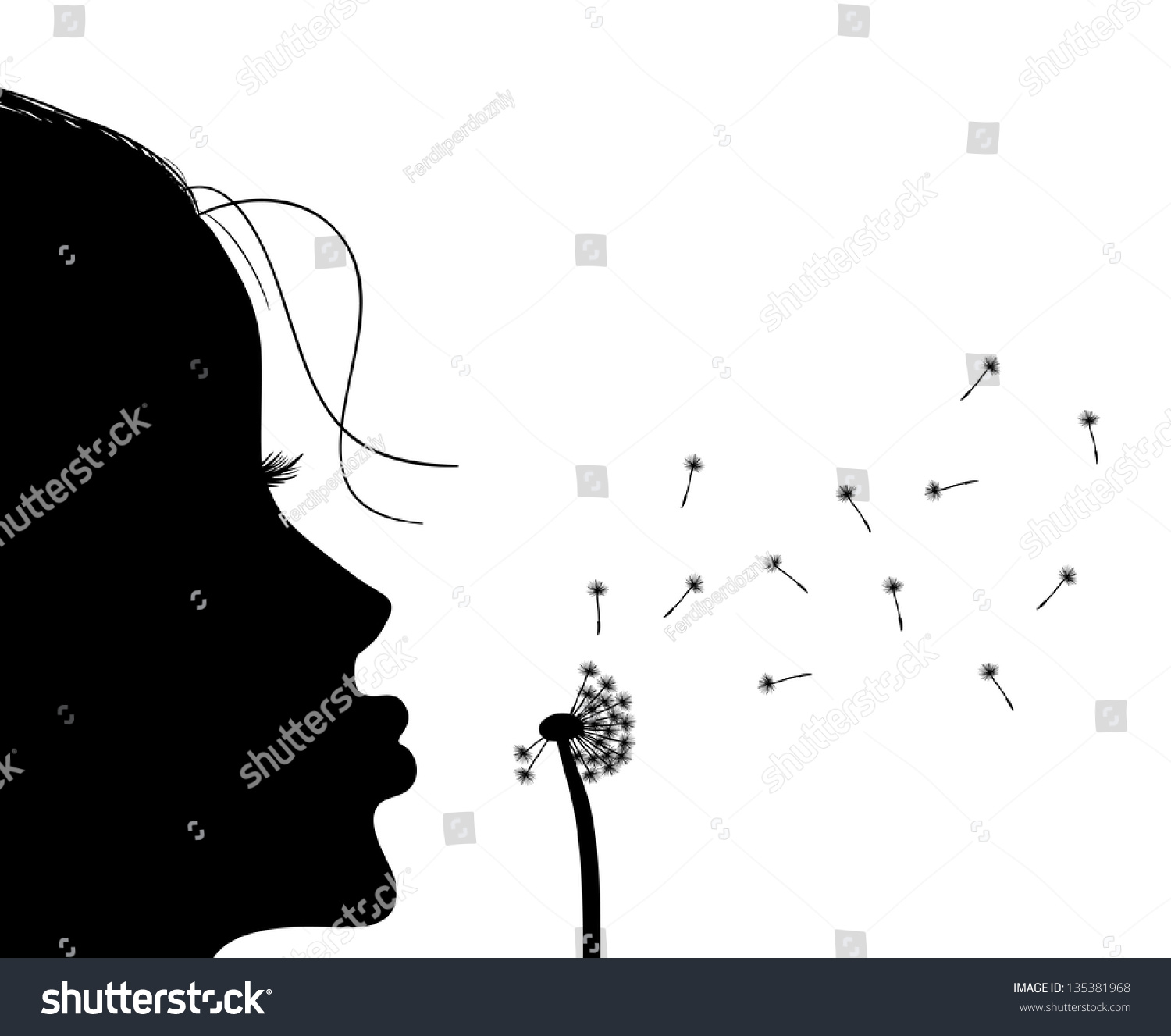 Silhouette Of Girl Blowing To Dandelion, Vector Illustration 