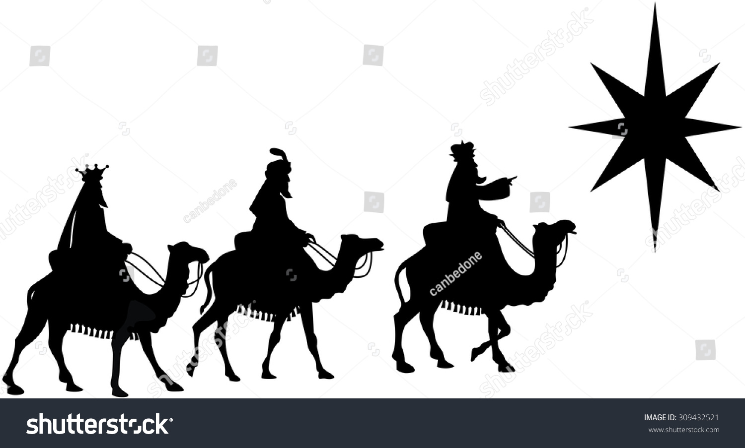 Silhouette of three Kings traveling on camel back from the East following the Star of Bethlehem isolated Silhouette of three Kings traveling on camel back from the East following the Star of Bethlehem isolated