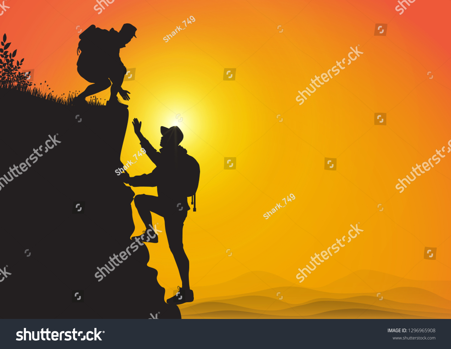 Silhouette Two People Hiking Climbing Mountain Stock Vector Royalty