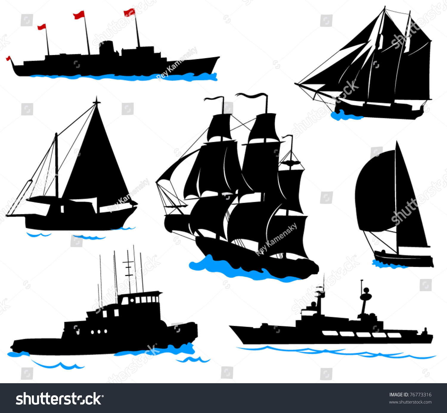 Silhouettes Offshore Ships Yacht Fishing Boat Stock Vector 76773316 