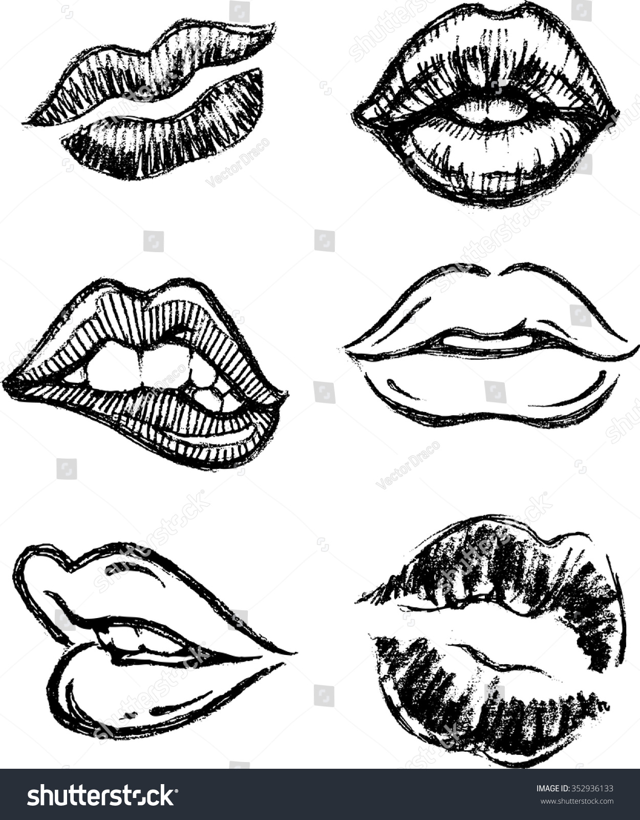 Sketch Lips Set Hand Drawn Sultry Lipskiss Mark In Different Variations Stock Vector 9966