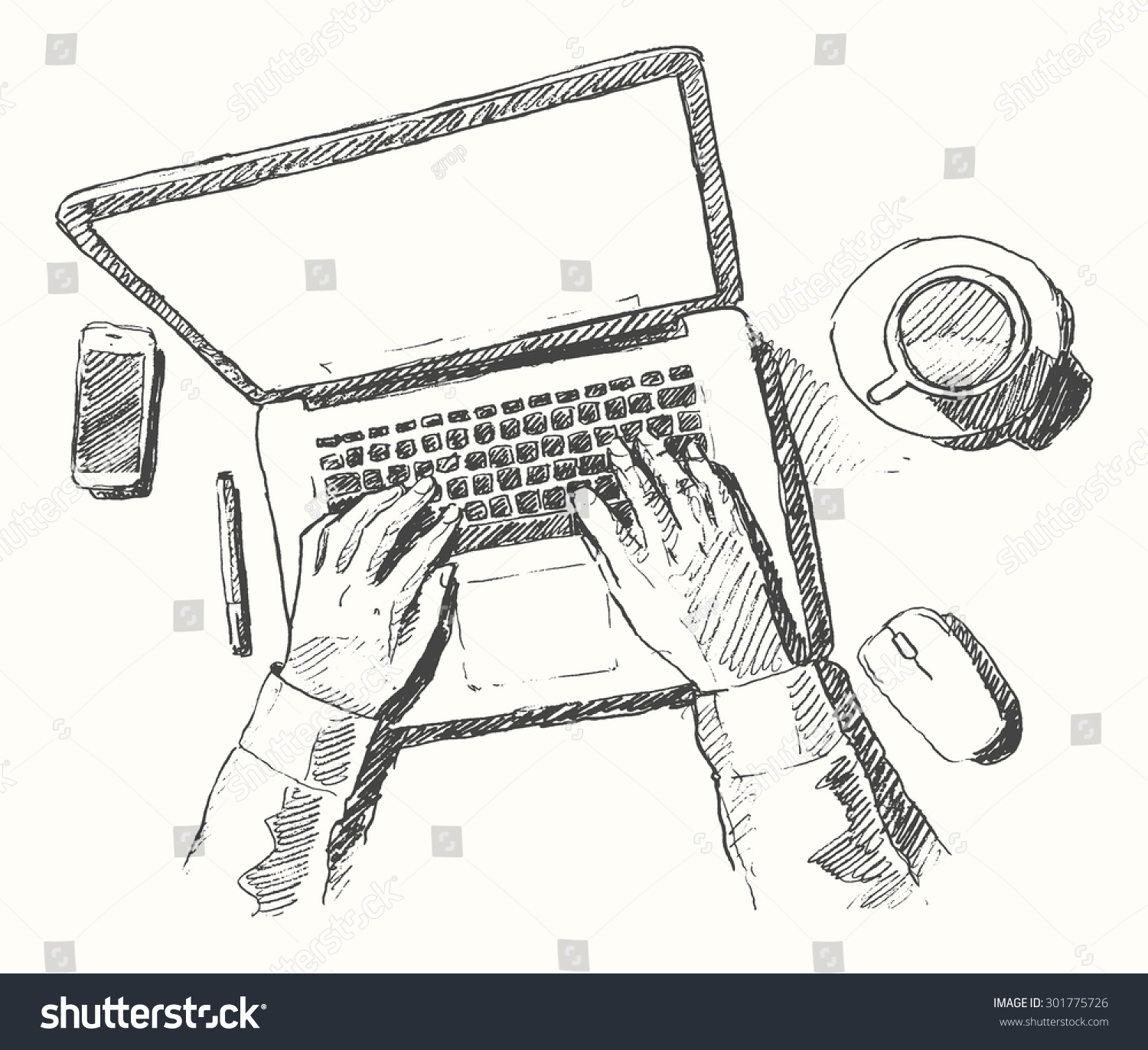 Sketch of hands with computer man doing office work top view hand drawn vector illustration Sketch of hands with computer man doing office work top view hand drawn vector illustration