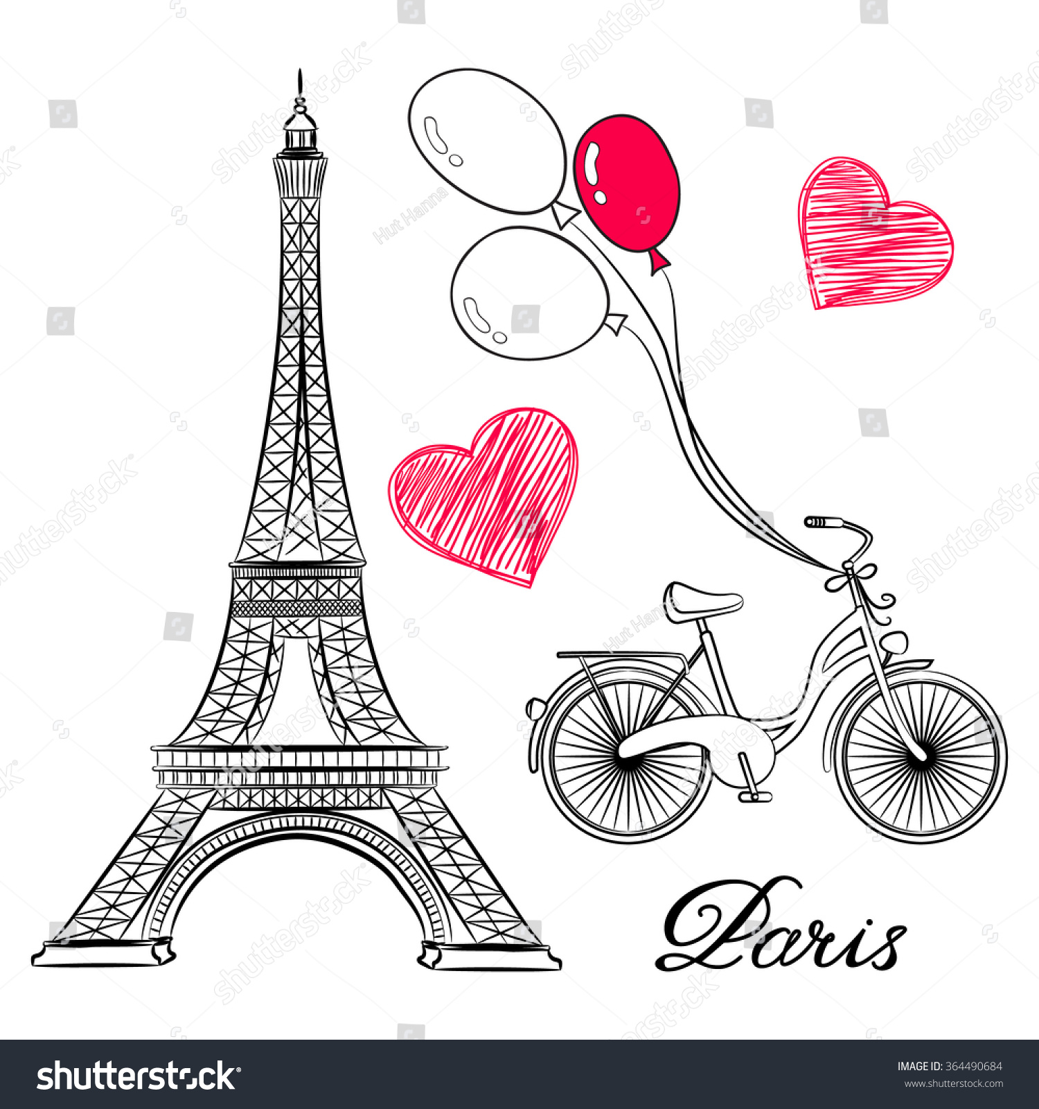 sketch of Paris Eiffel Tower and bike with air balloons Vector illustration sketch of Paris Eiffel Tower and bike with air balloons Vector illustration