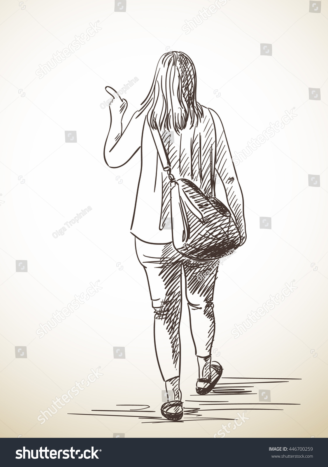 Sketch Of Woman Walking Away And Pointing With Finger, Hand Drawn