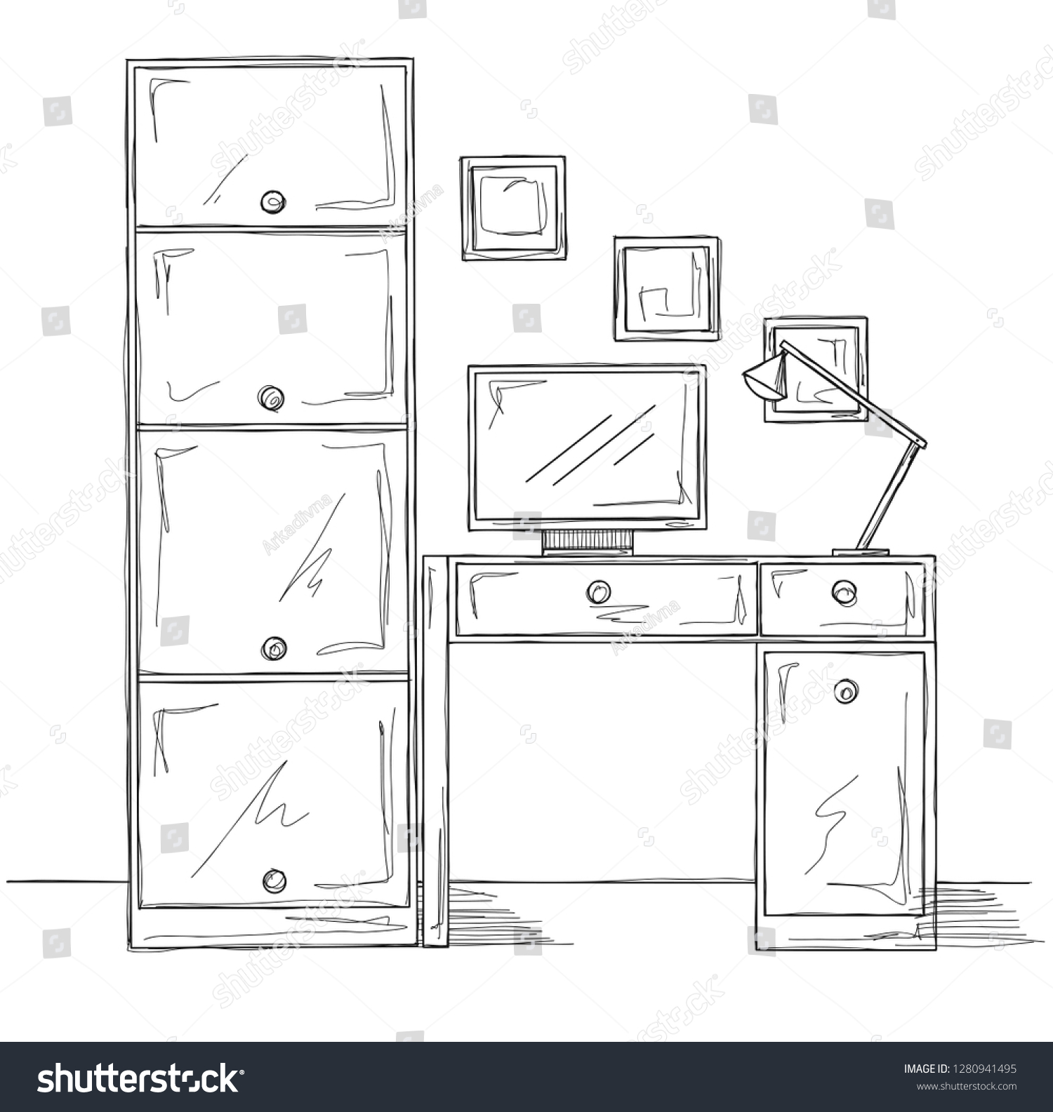 Sketch Room Office Chair Desk Various Vector De Stock Libre De