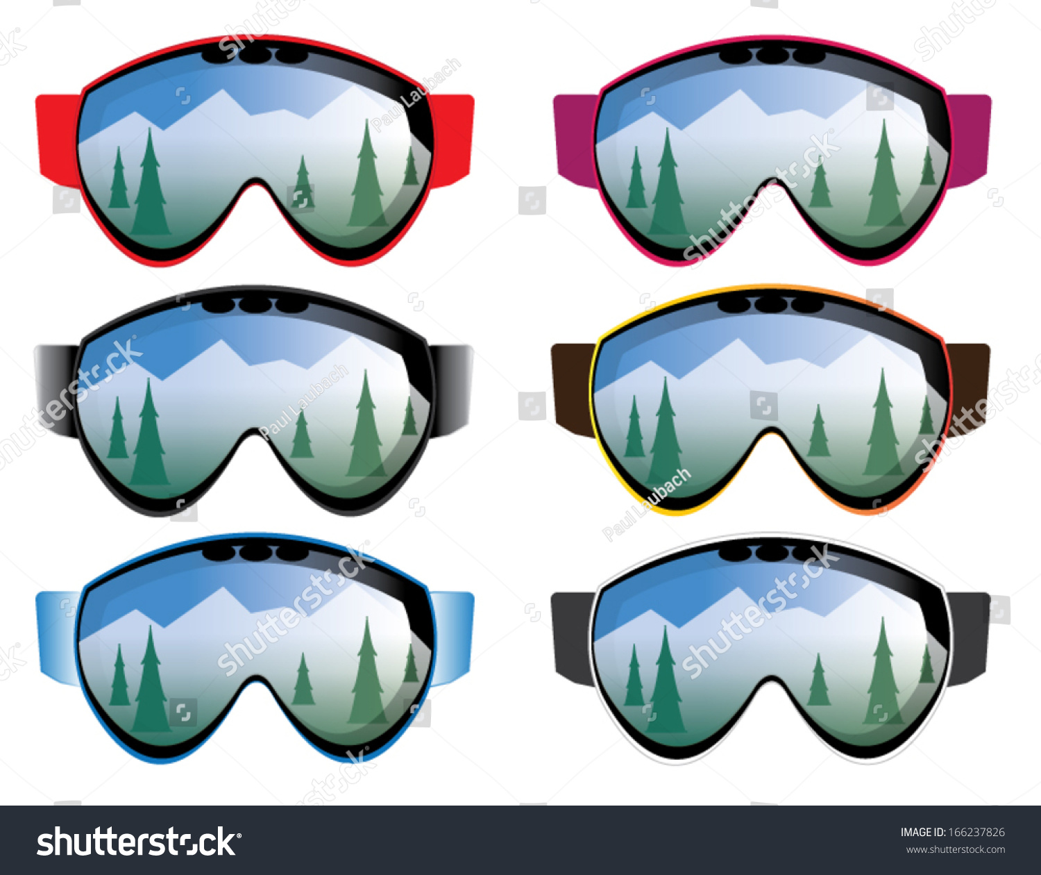 Ski Goggles With A Various Color Schemes And A Mountain Scene