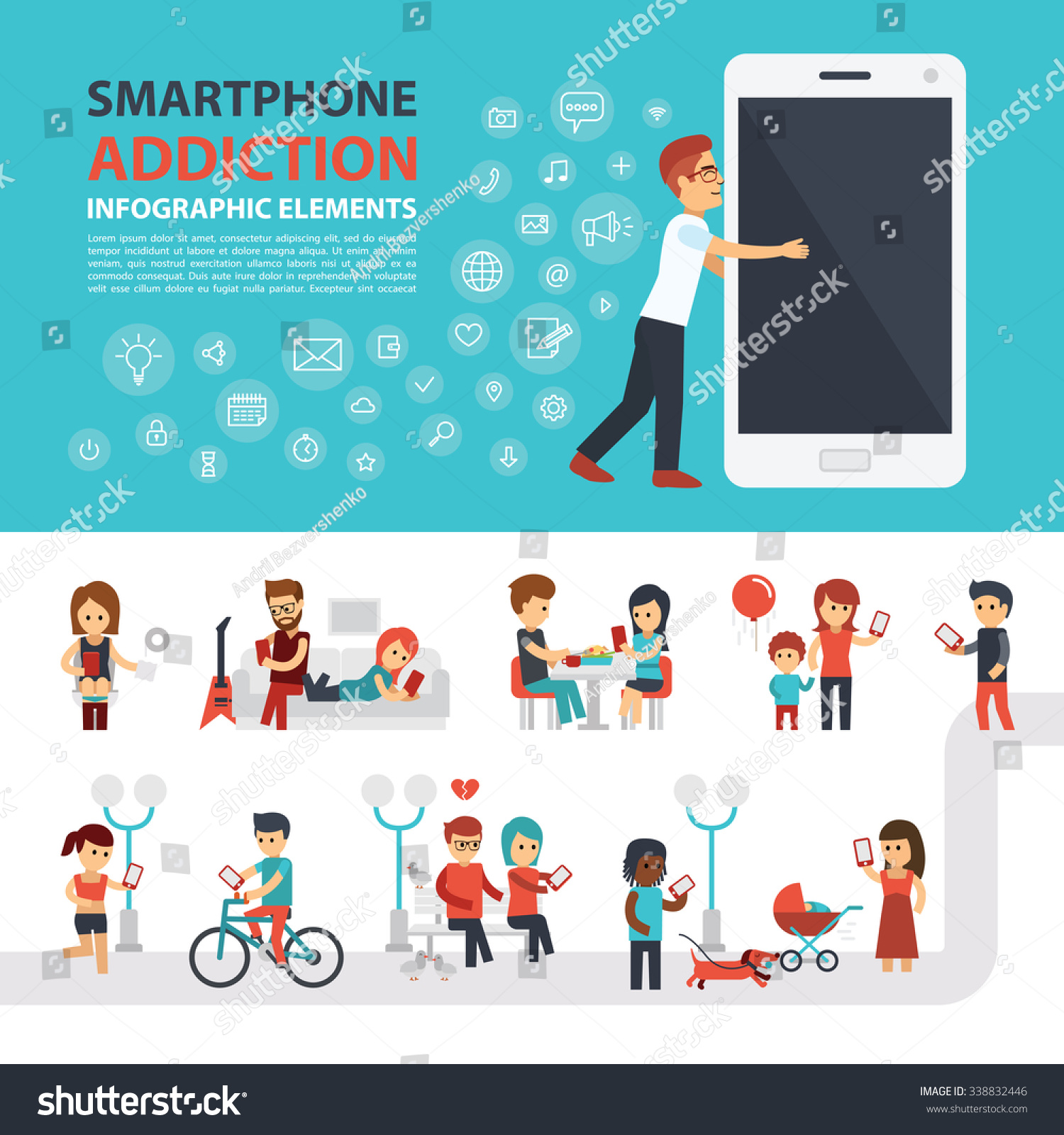 Smartphone With Set Infographic Elements Smartphone Addiction Infographic Elements Icon Set Stock