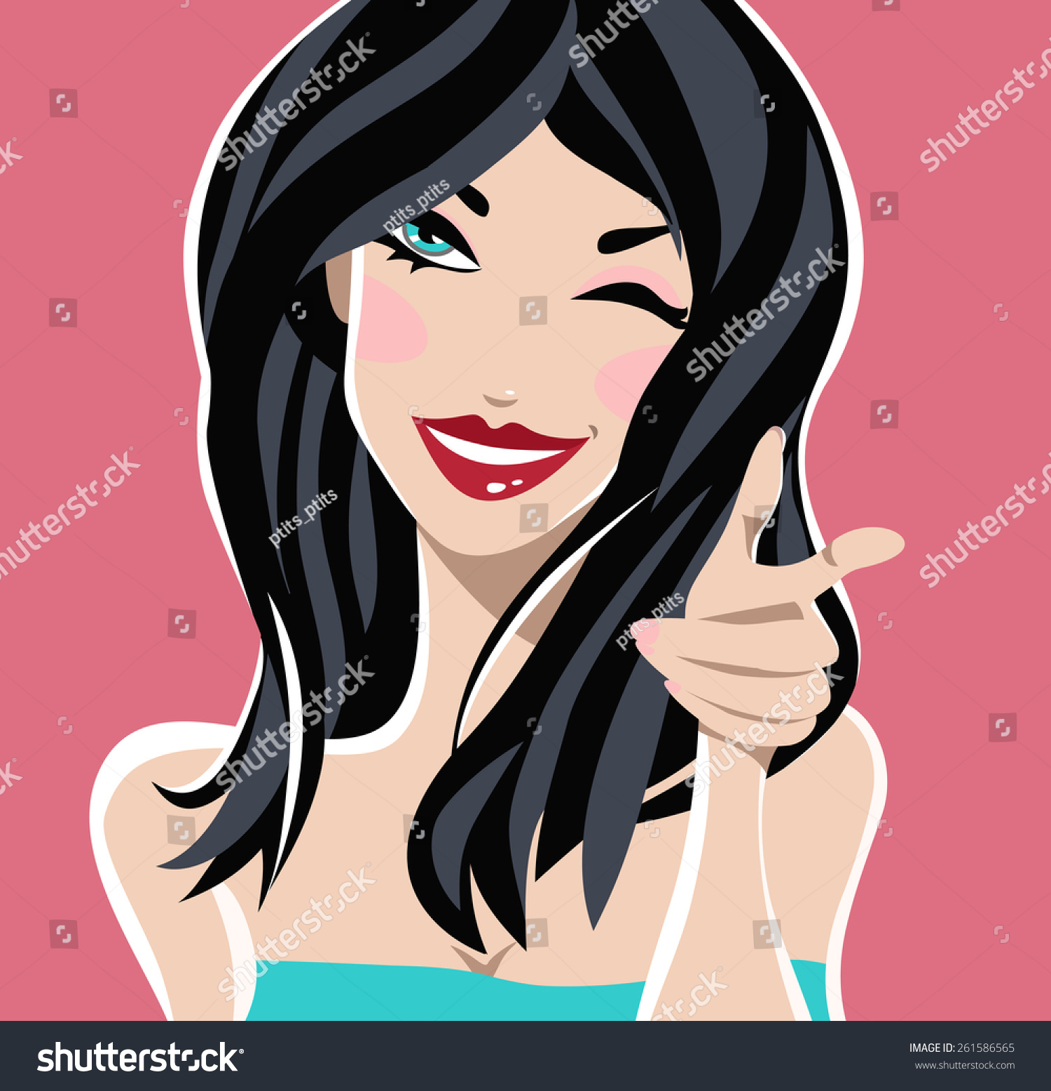 Smiling Girl With Black Hair. Vector Illustration - 261586565