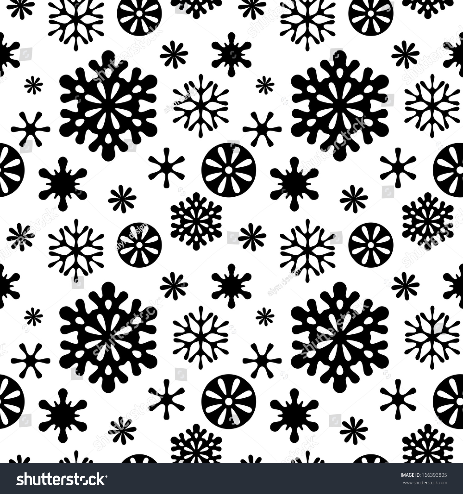 Snowflakes Black White Seamless Pattern Vector Stock Vector 166393805 