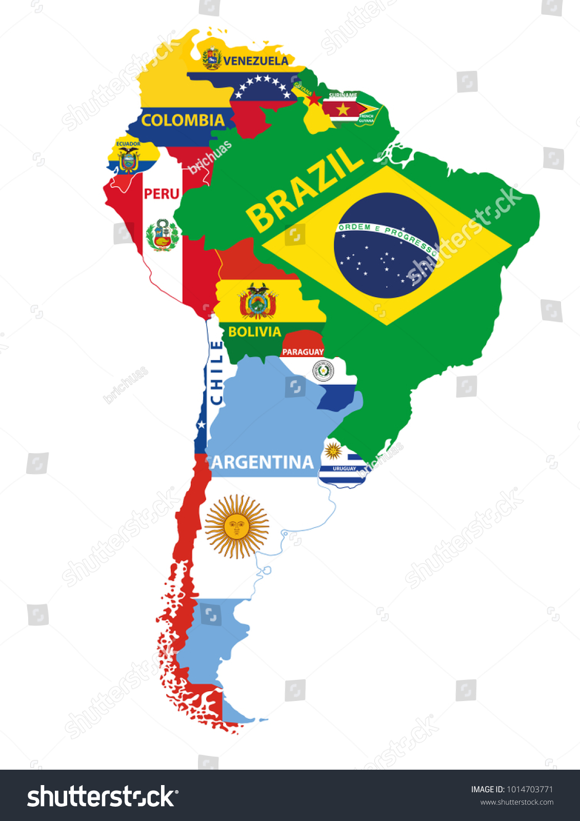 Vektor Stok South America Map Mixed Countries Flags Tanpa Royalti