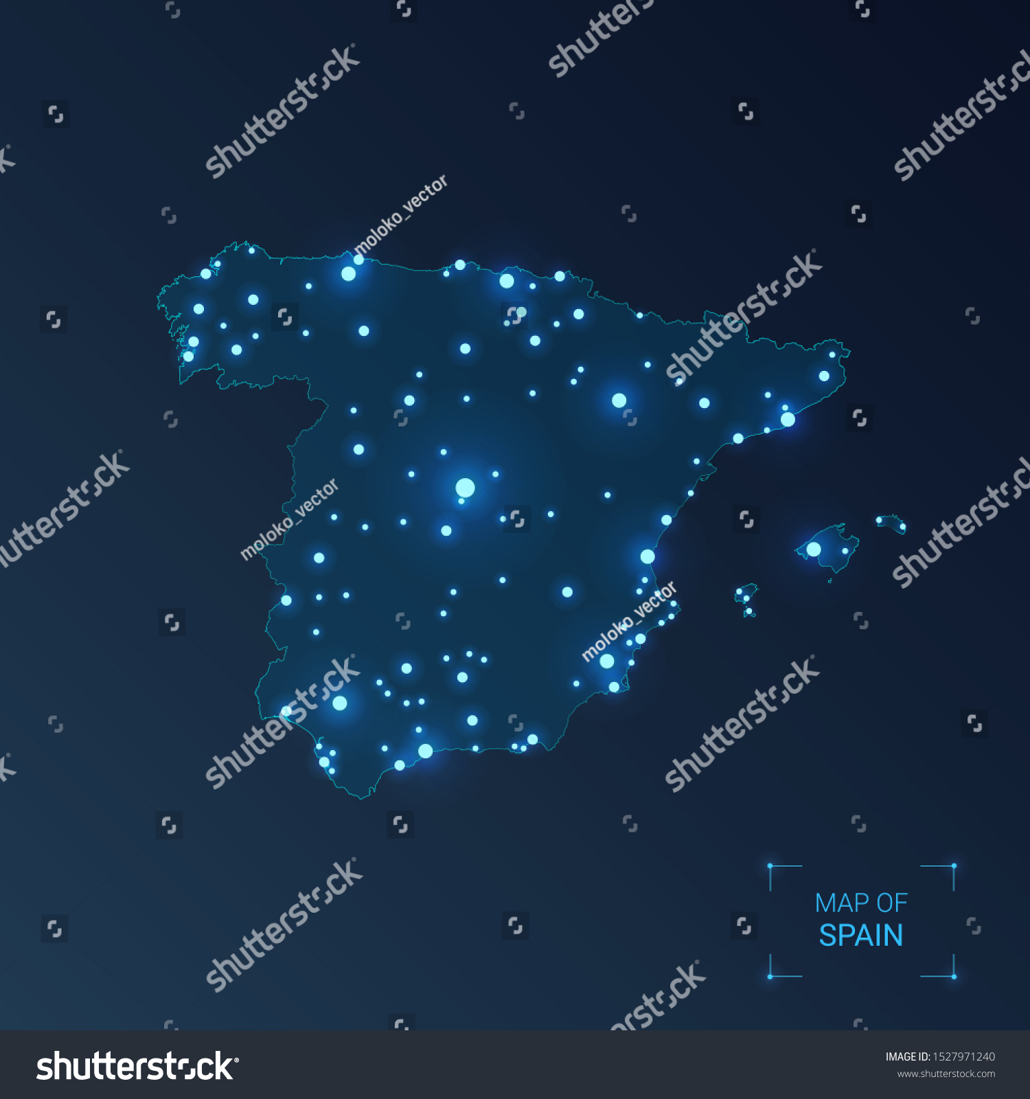 Spain Map Cities Luminous Dots Neon Stock Vector Royalty Free