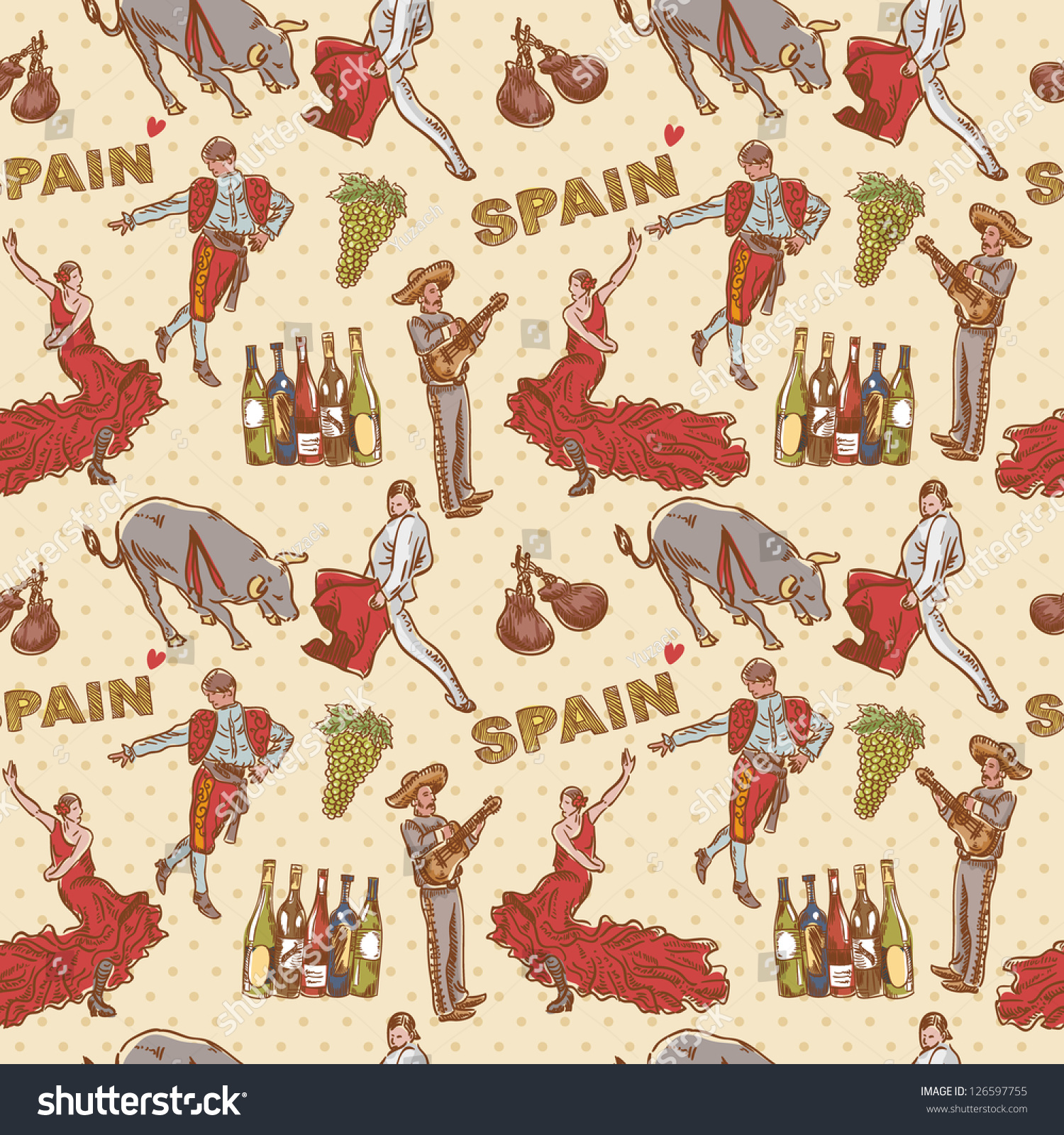 Spain Seamless Repeating Pattern With Spanish Symbols Stock Vector