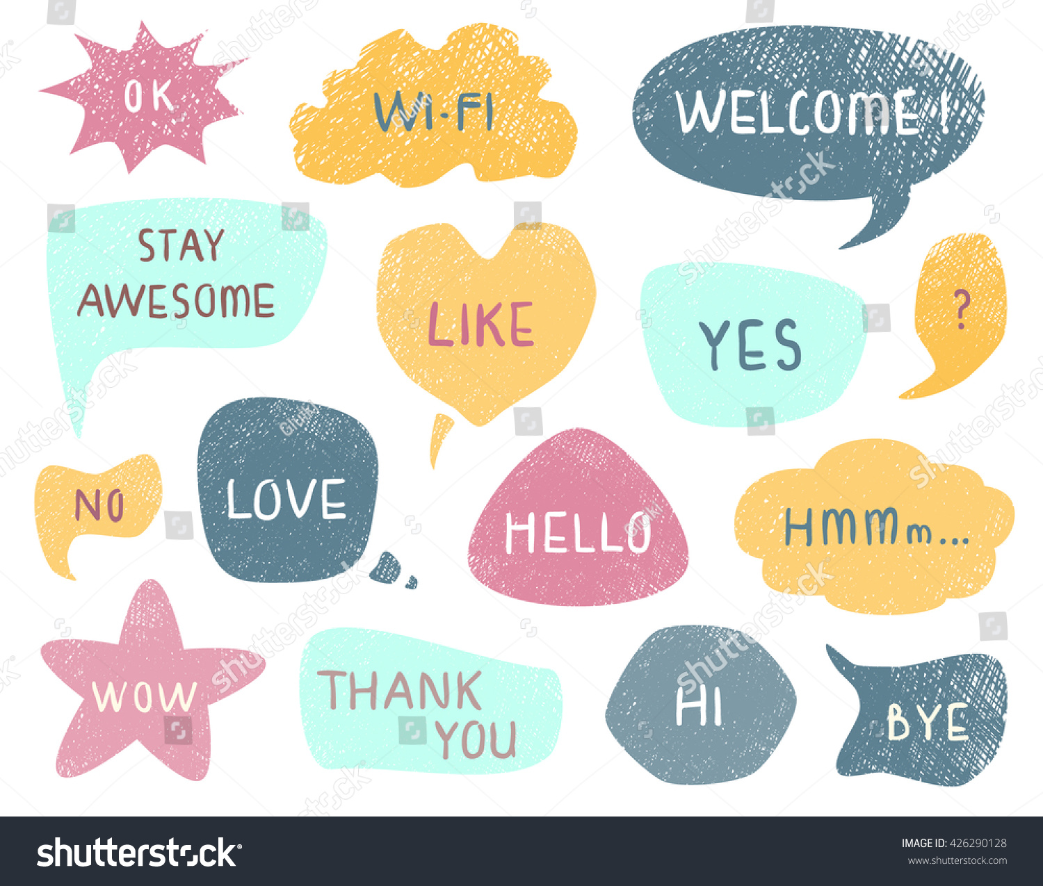Speech and thought bubbles set funny and cute coloring style Collection of Doodle designs with short messages Hand drawn vector illustration Speech and thought bubbles set funny and cute coloring style Collection of Doodle designs with short messages Hand drawn vector illustration