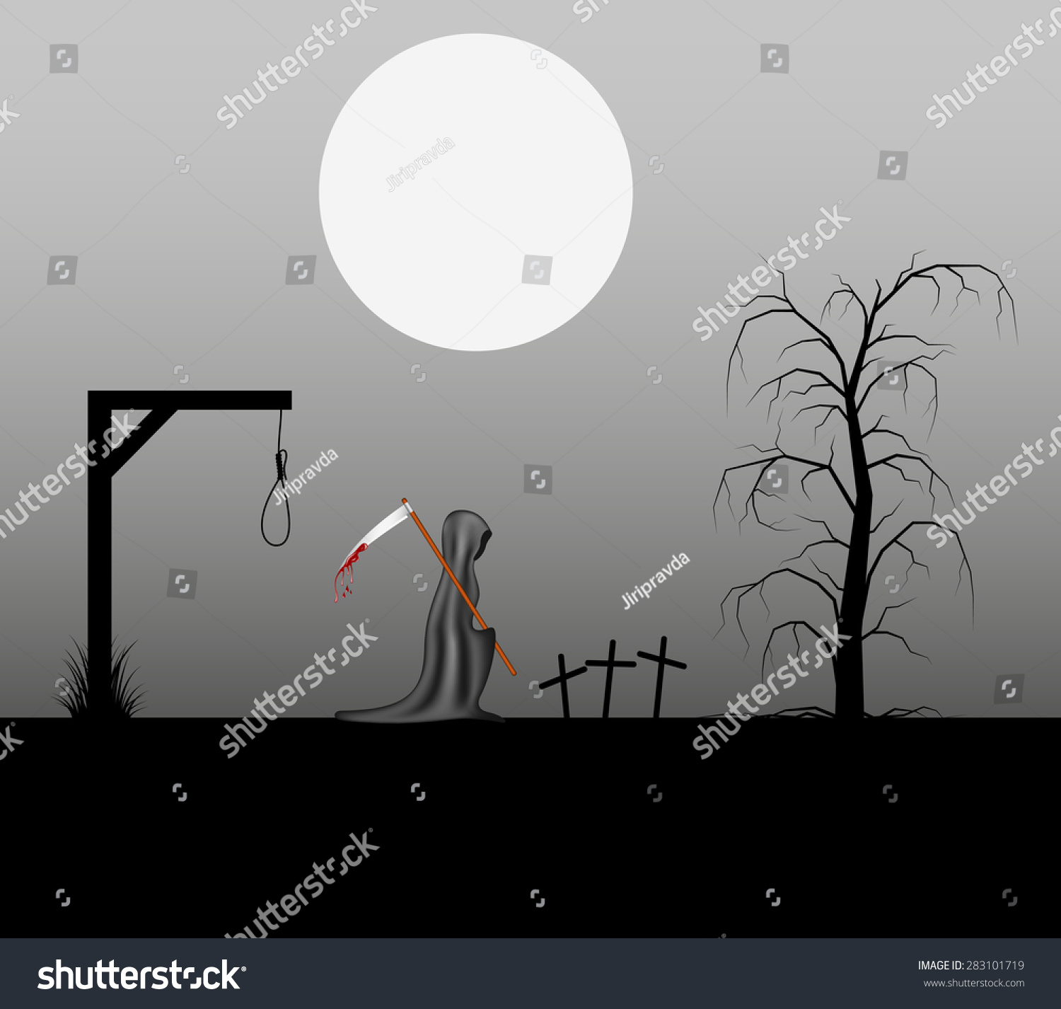 Spooky Background With Grim Reaper With Bloody Scythe In A Cemetery