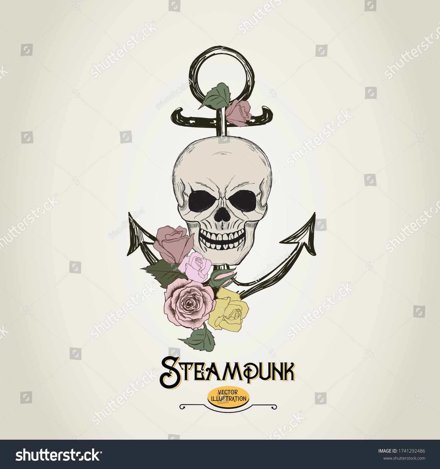 Steampunk Human Skull Vintage Anchor Roses Stock Vector Royalty Free