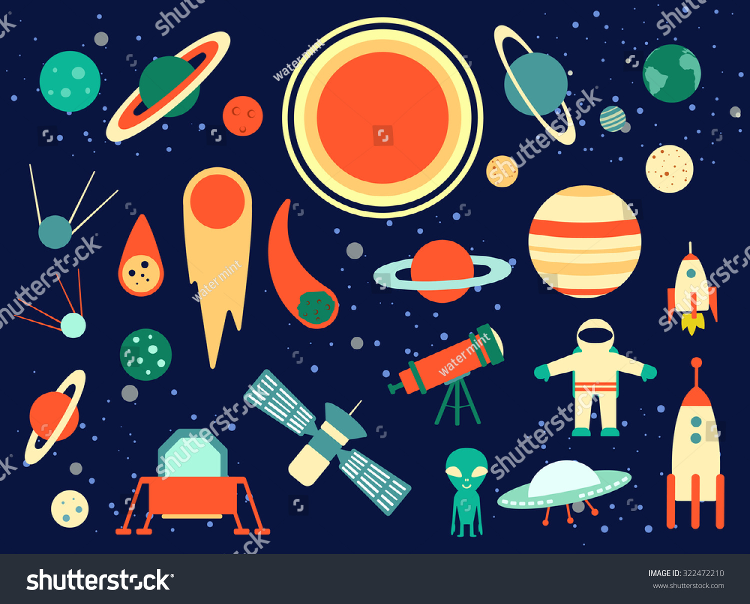 Stock Vector Illustration Space Set Of Planets Orbits Rockets