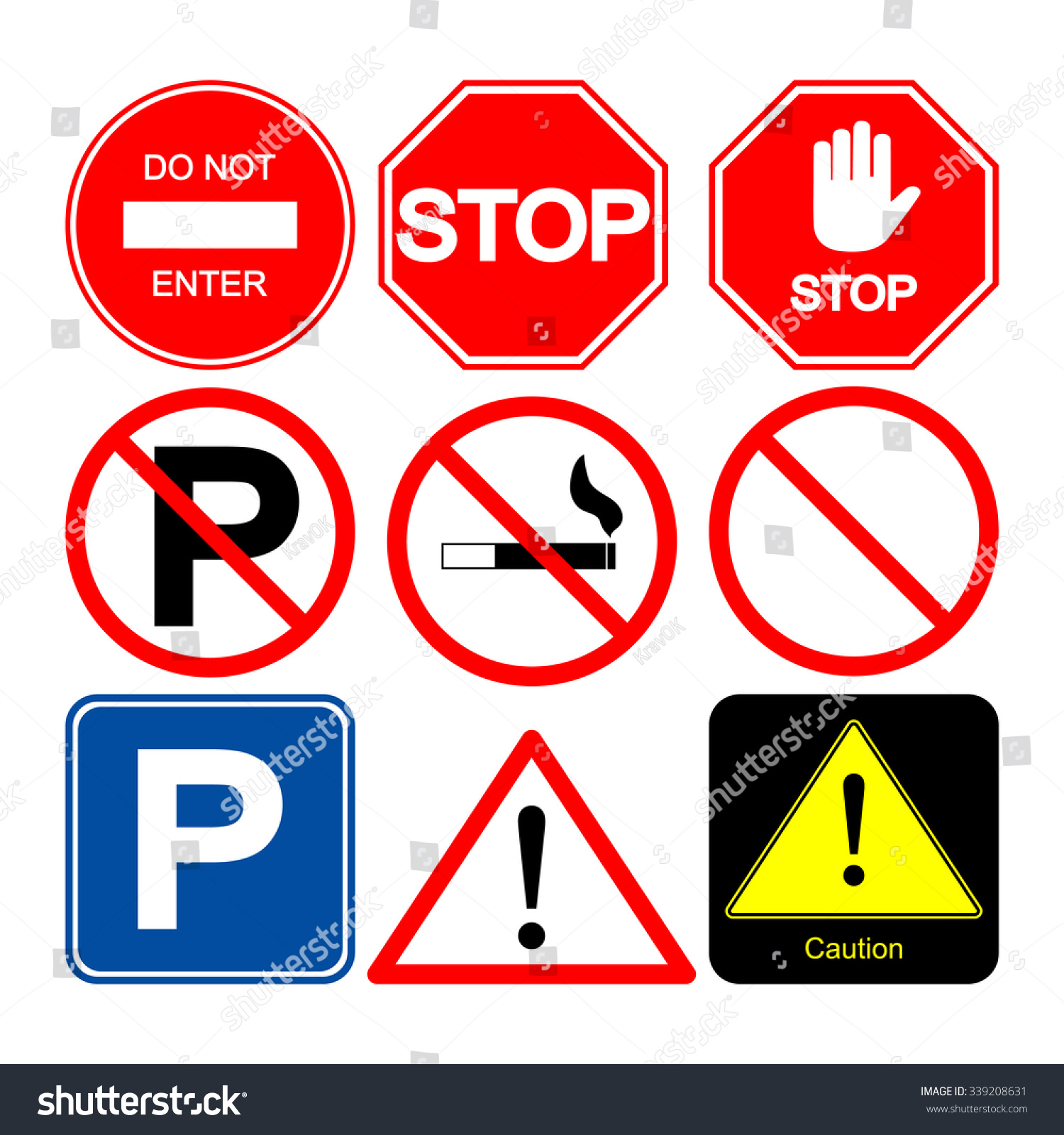 Stop Sign. Caution Sign. Sign Of The Staff Only. Parking Sign. Parking 