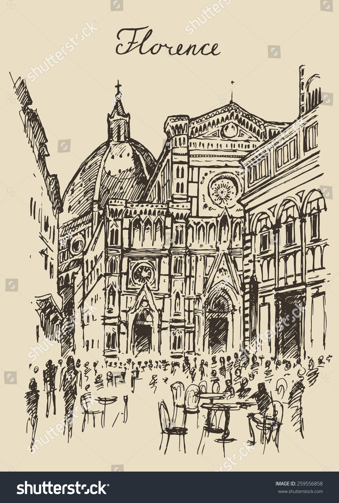 Streets Florence  Italy   Trevi Fountain  Hand Drawn Vector