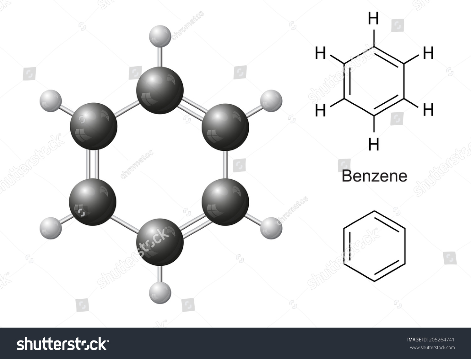 Structural Chemical Formulas And Model Of Benzene Molecule 2d And 3d