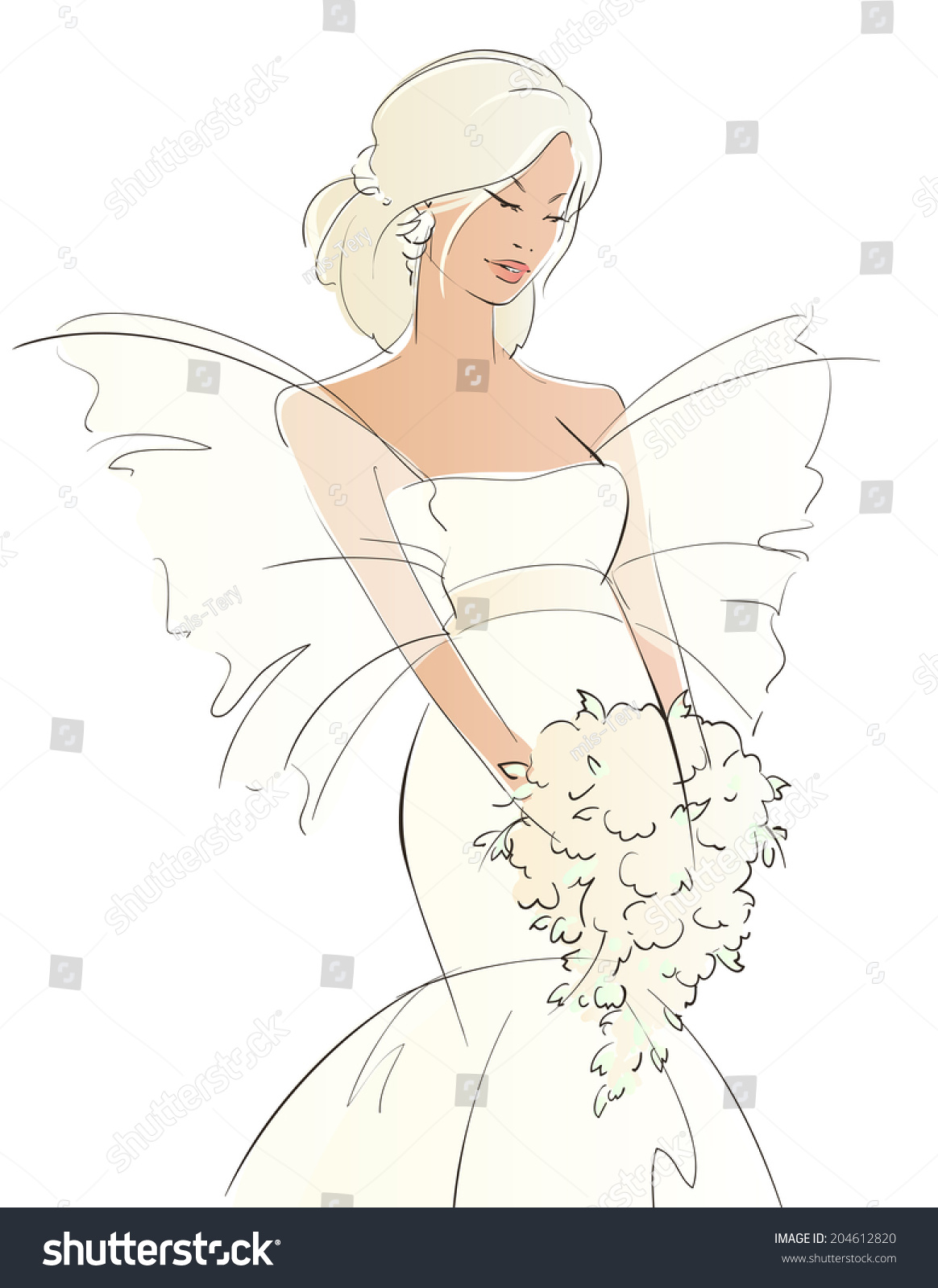 Stylish Bride With A Bouquet. Sketch. Vector Illustration - 204612820