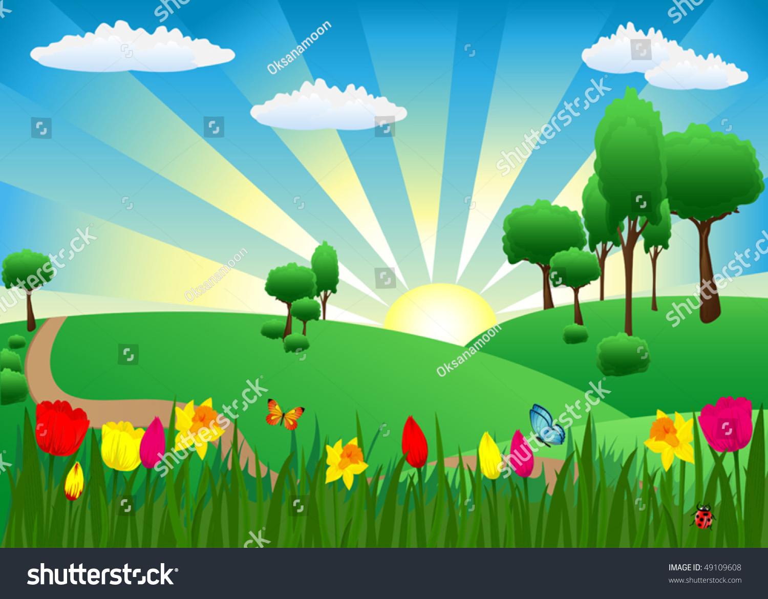 Sunny Summer Landscape With Trees And Grass Stock Vector Illustration 